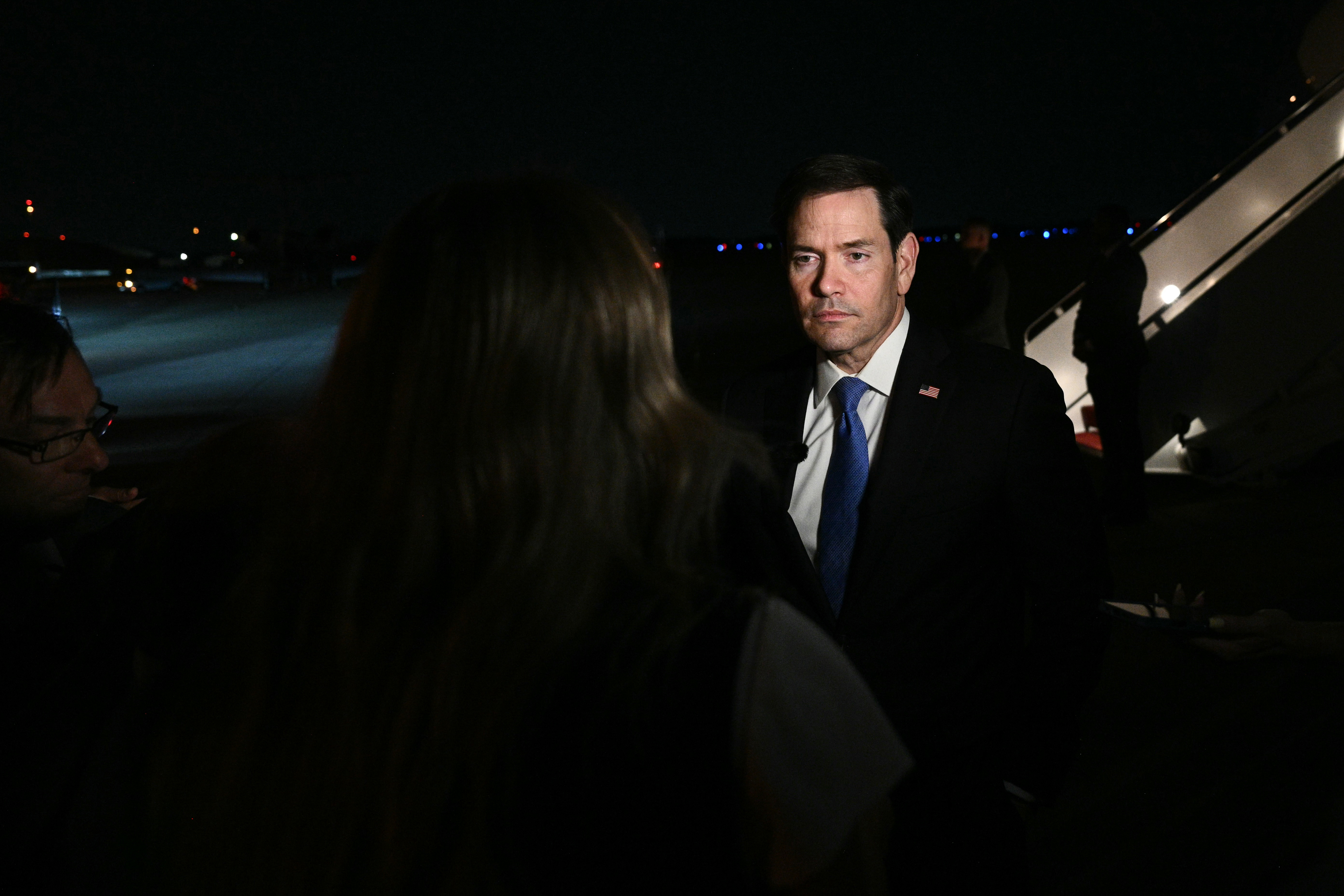 US Secretary of State Marco Rubio speaks to reporters before departing from Joint Base Andrews, Md., Sunday night, July 19, 2026, to Manila to attend the 59th ASEAN Foreign Ministers' Meeting.