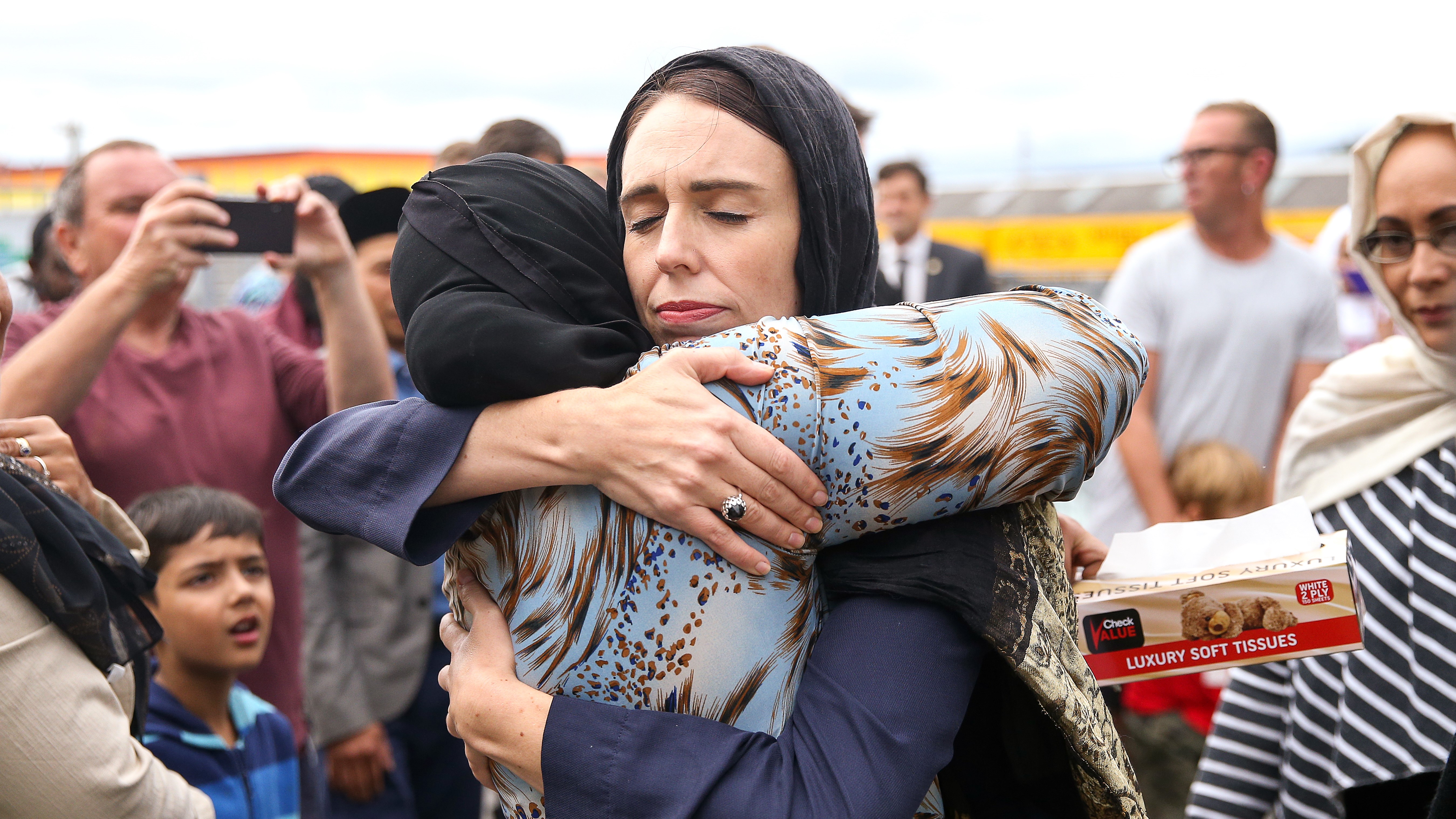 Jacinda Ardern hugs a mosque attendee in Wellington on March 17, 2019, two days after the Christchurch tragedy. 