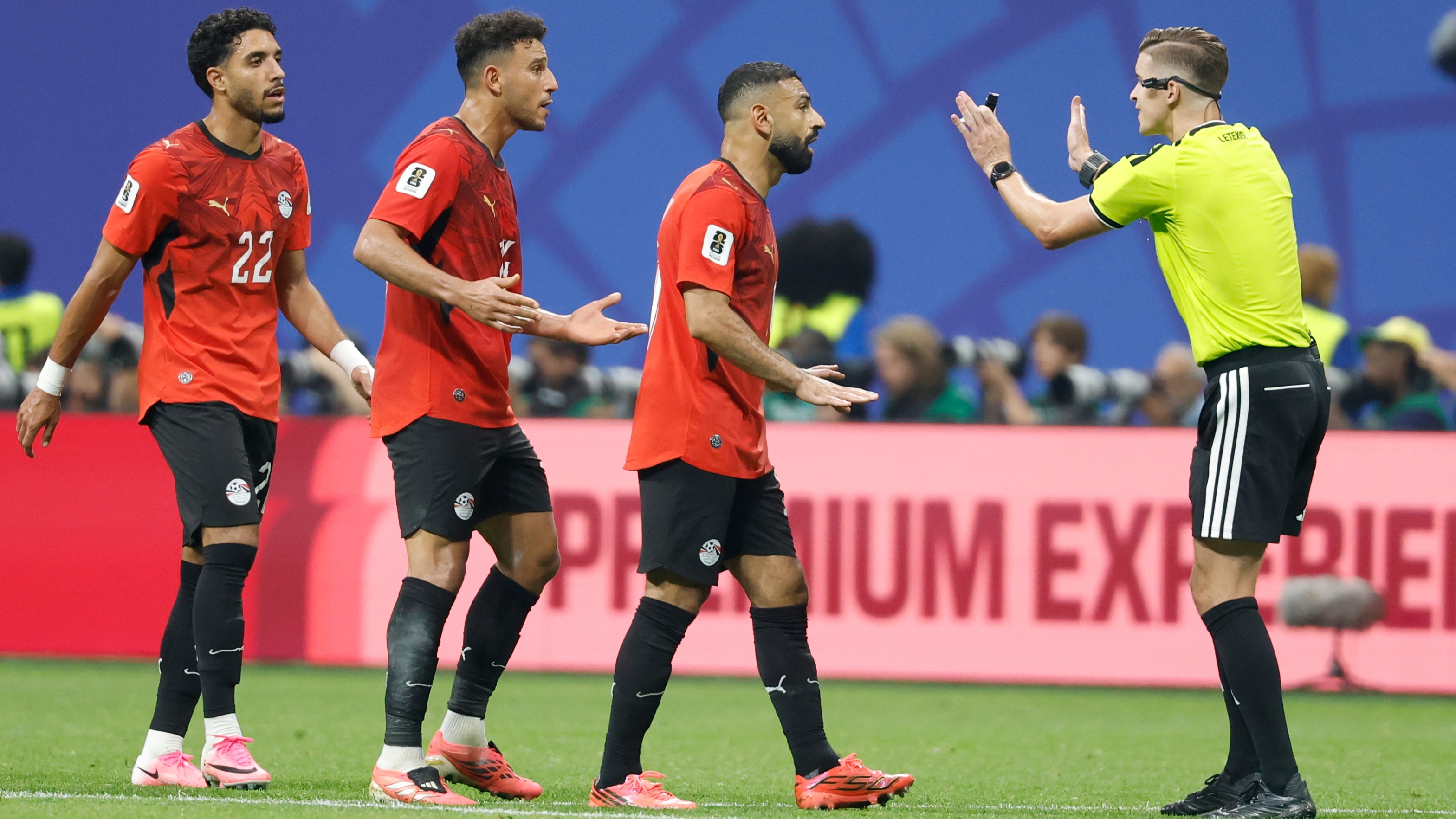Egypt's Mohamed Salah (10) talks with referee Francois Letexier, of France, during the World Cup round of 16 soccer match between Argentina and Egypt in Atlanta, Tuesday, July 7, 2026.
