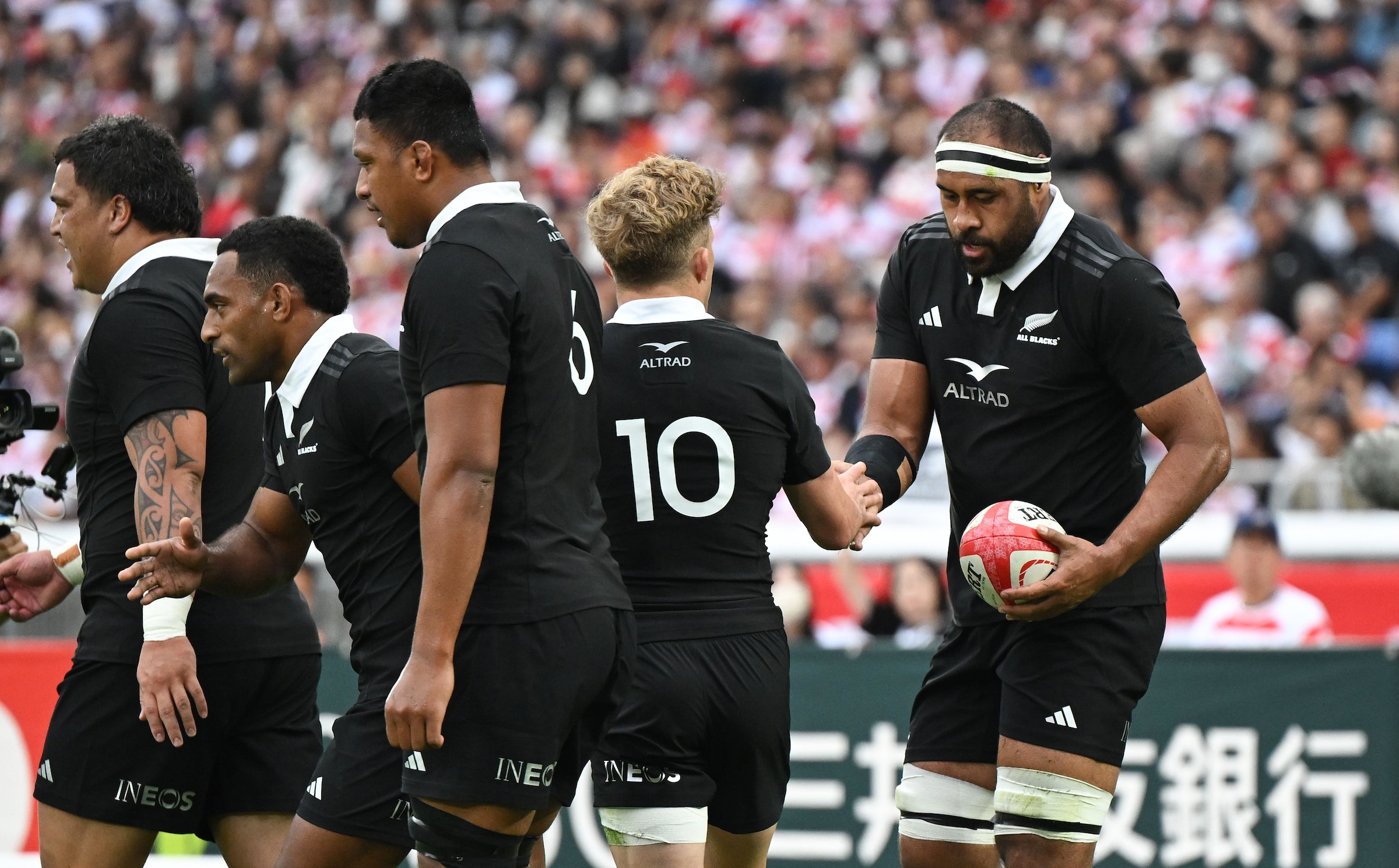 Patrick Tuipulotu celebrates a try against Japan in Tokyo last year.