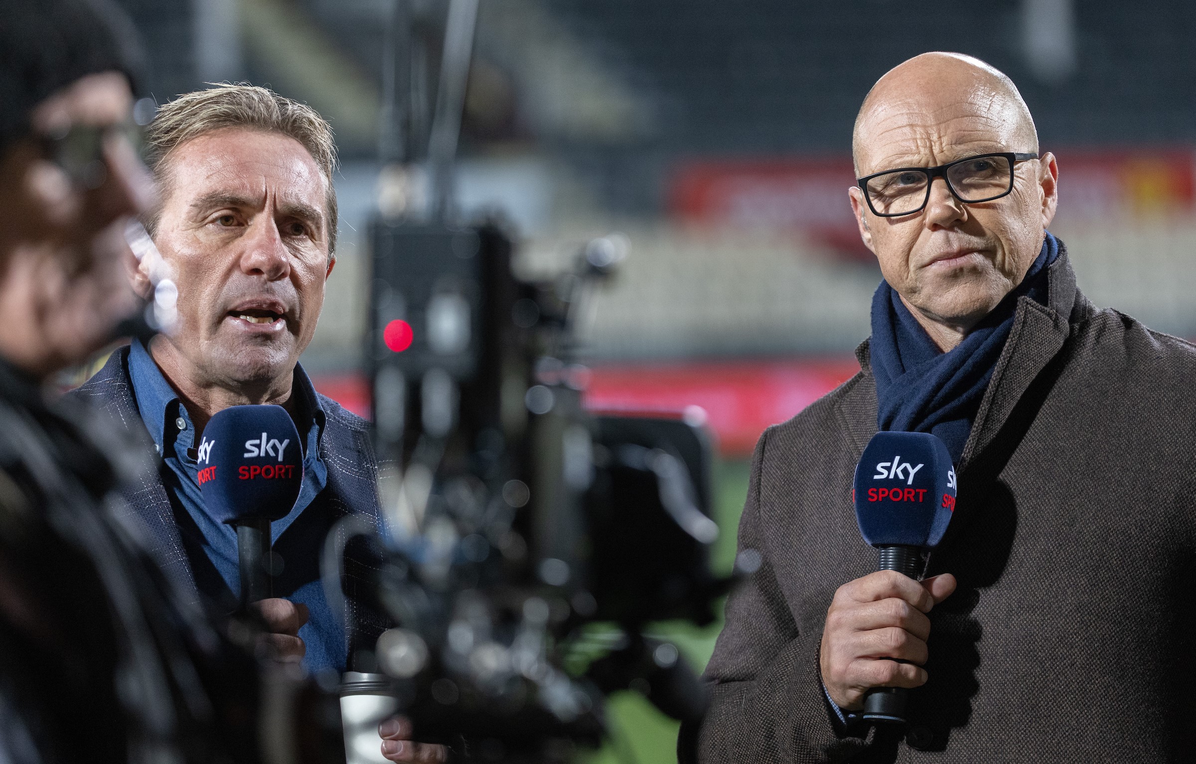 Sky TV presenters Justin Marshall, left, and Jeff Wilson before the recent Super Rugby Pacific final in Christchurch.