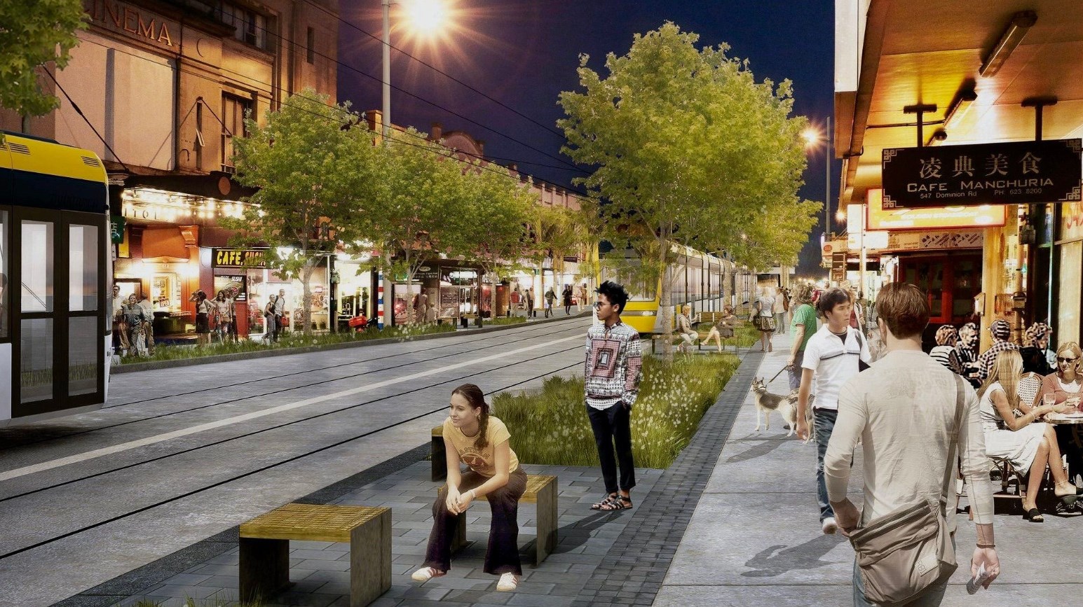 Renders of street-running light rail on Dominion Road. The surface option in the area has since been ditched in favour of an underground tunnel.
