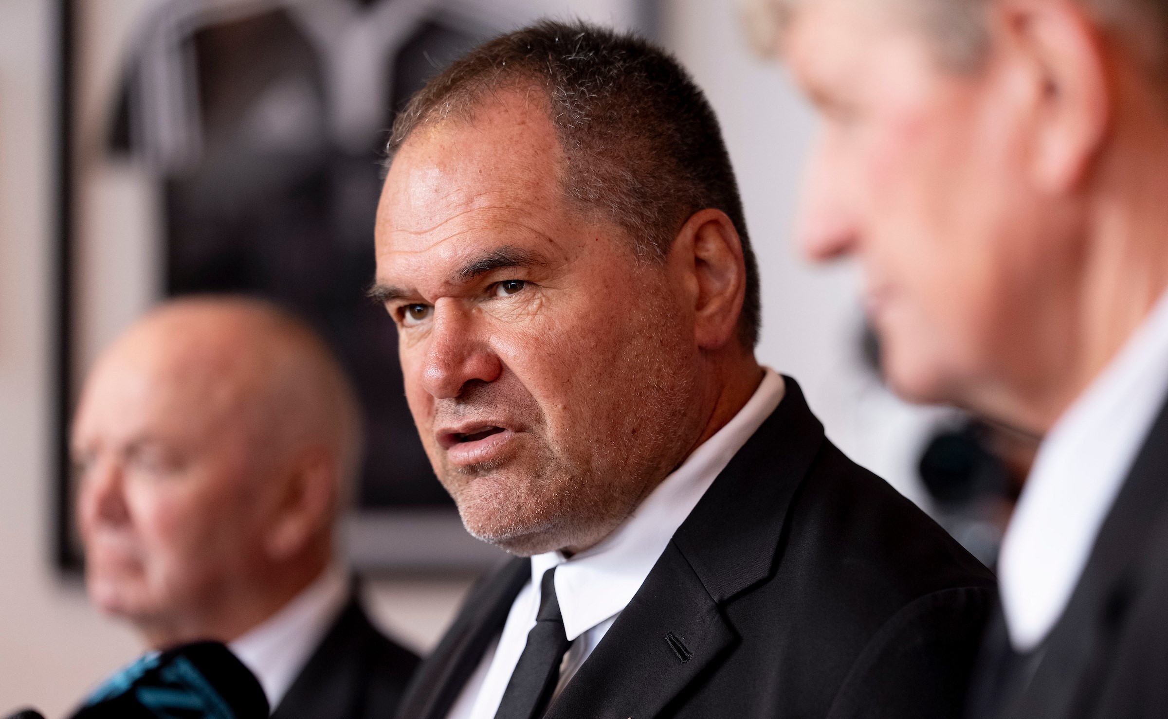 All Blacks head coach Dave Rennie, flanked by assistant coaches and fellow selectors Sir Graham Henry, left, and Neil Barnes.