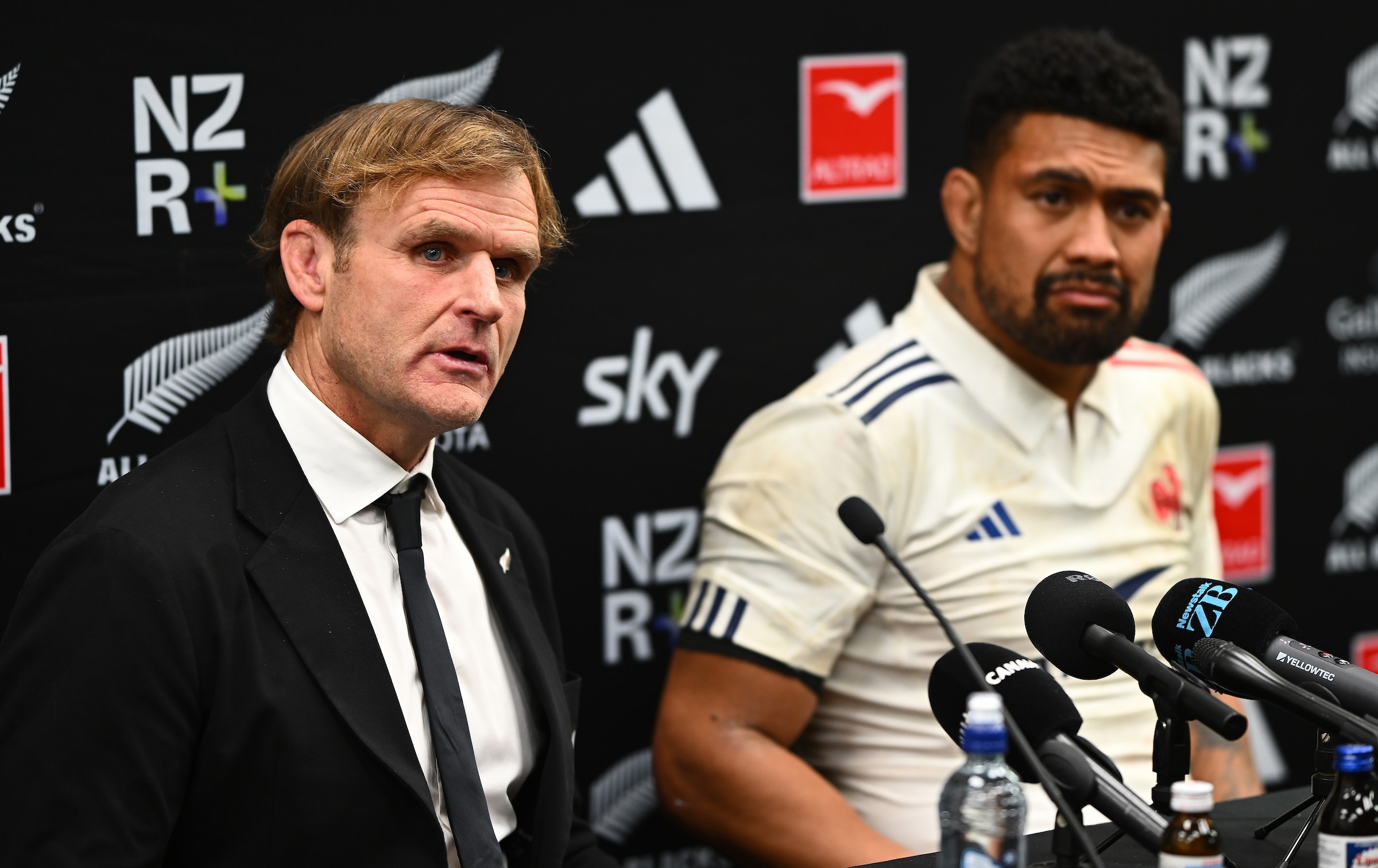 All Blacks head coach Scott Robertson and captain Ardie Savea speak to the media after the win in Wellington.