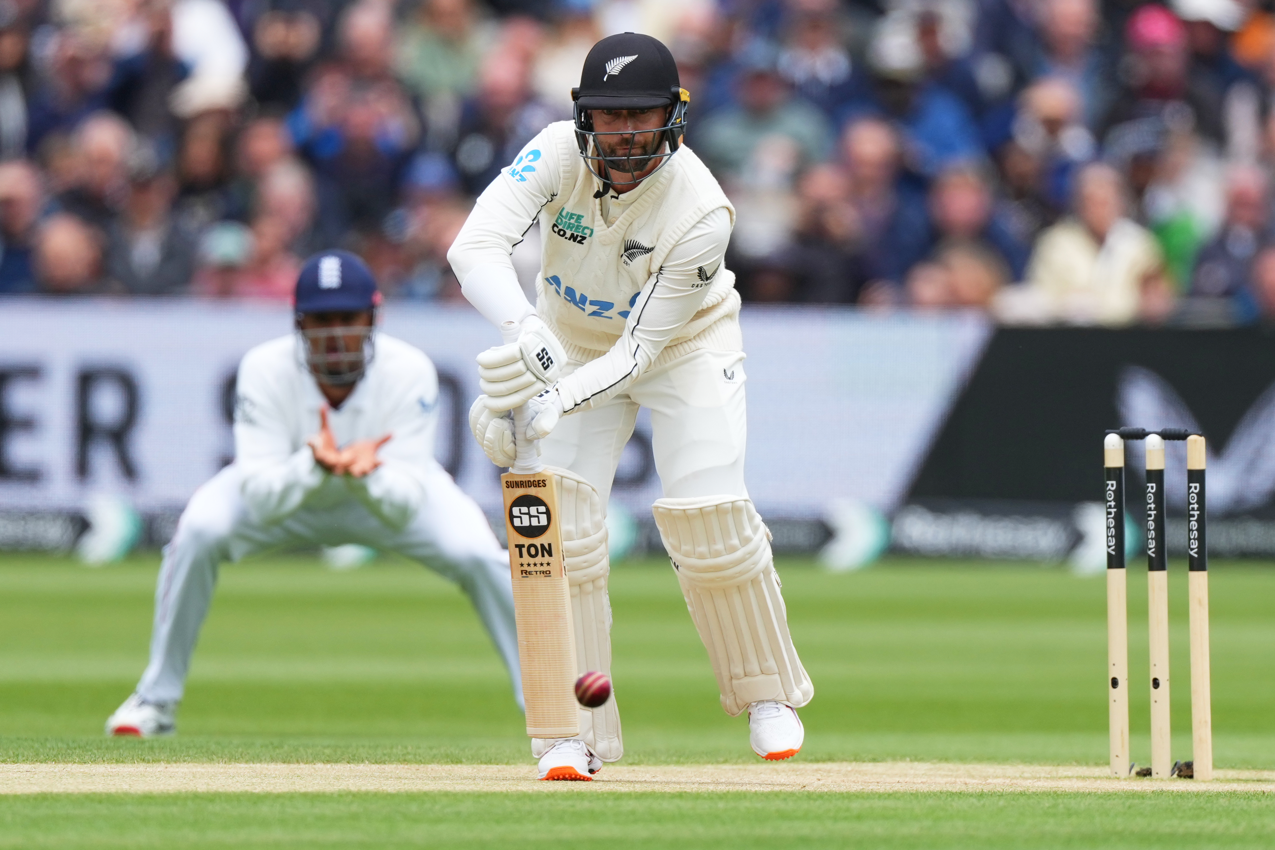 New Zealand's Devon Conway plays a shot during the third day of the Test match between England and New Zealand at Lord's cricket ground in London