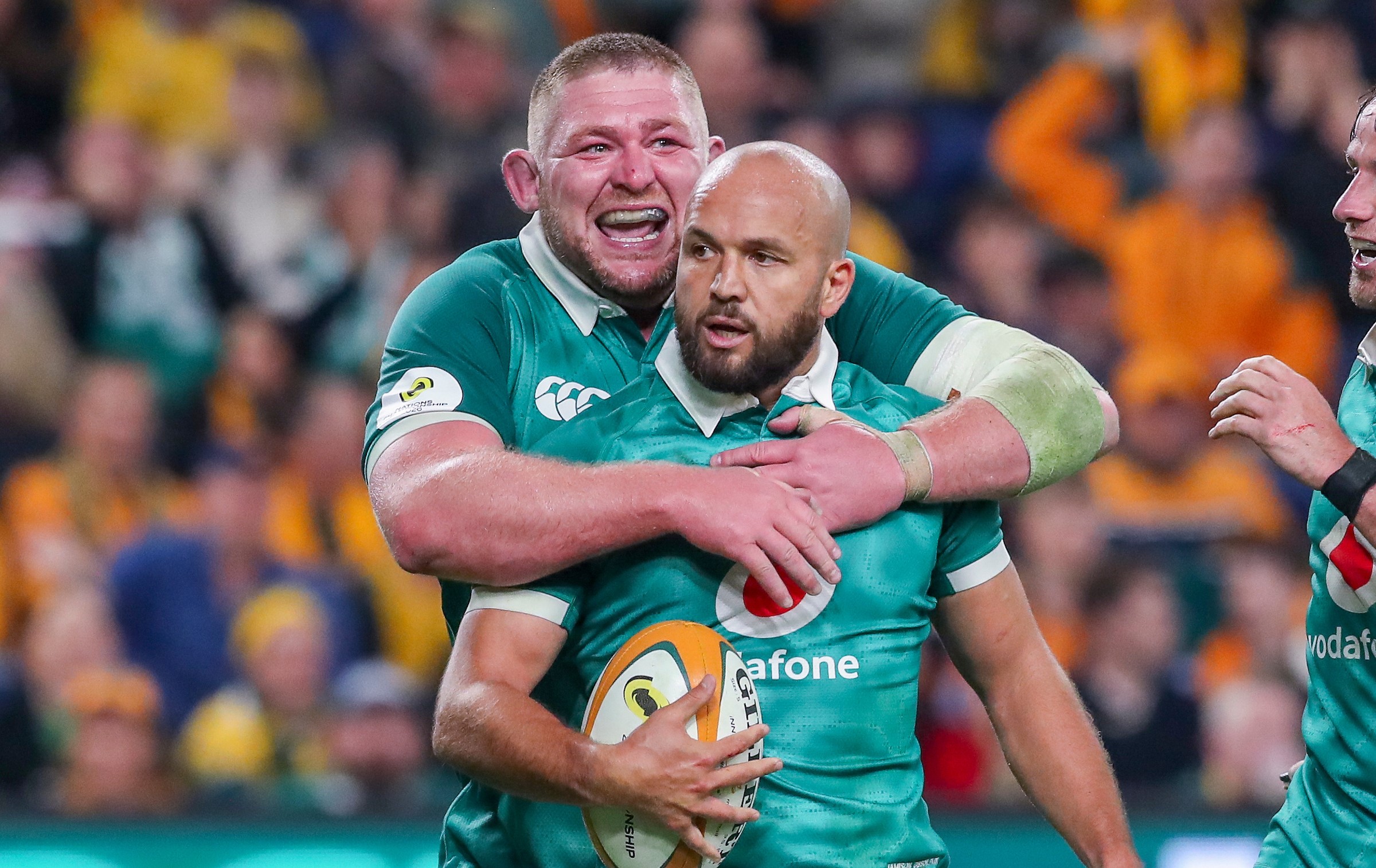 Jamison Gibson-Park celebrates a try for Ireland against the Wallabies in Sydney.