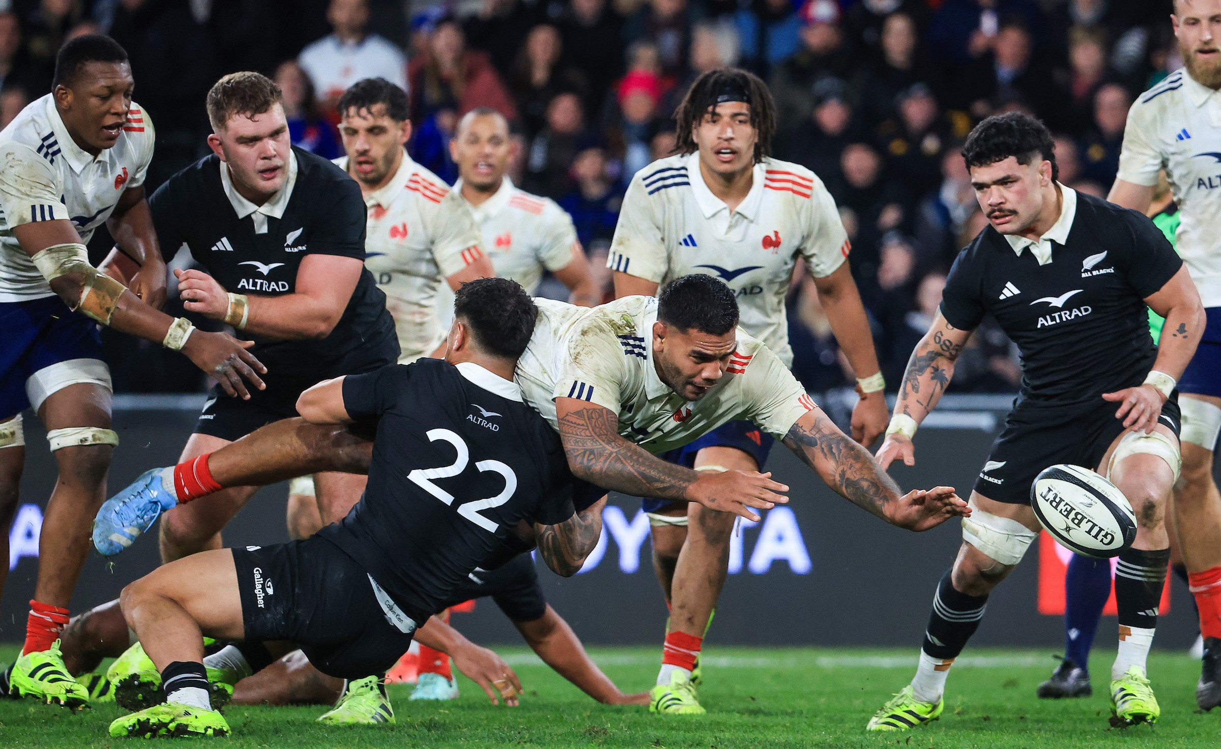 Romain Taofifenua loses the ball as France launch a final attack in Dunedin.