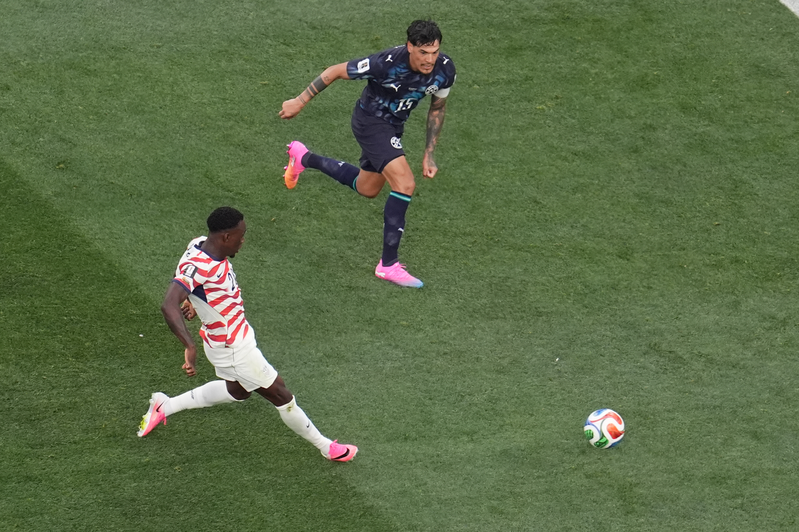 United States' Folarin Balogun scores his side's second goal against Paraguay during a World Cup Group D soccer match in Inglewood, Calif., near Los Angeles, Friday, June 12, 2026.