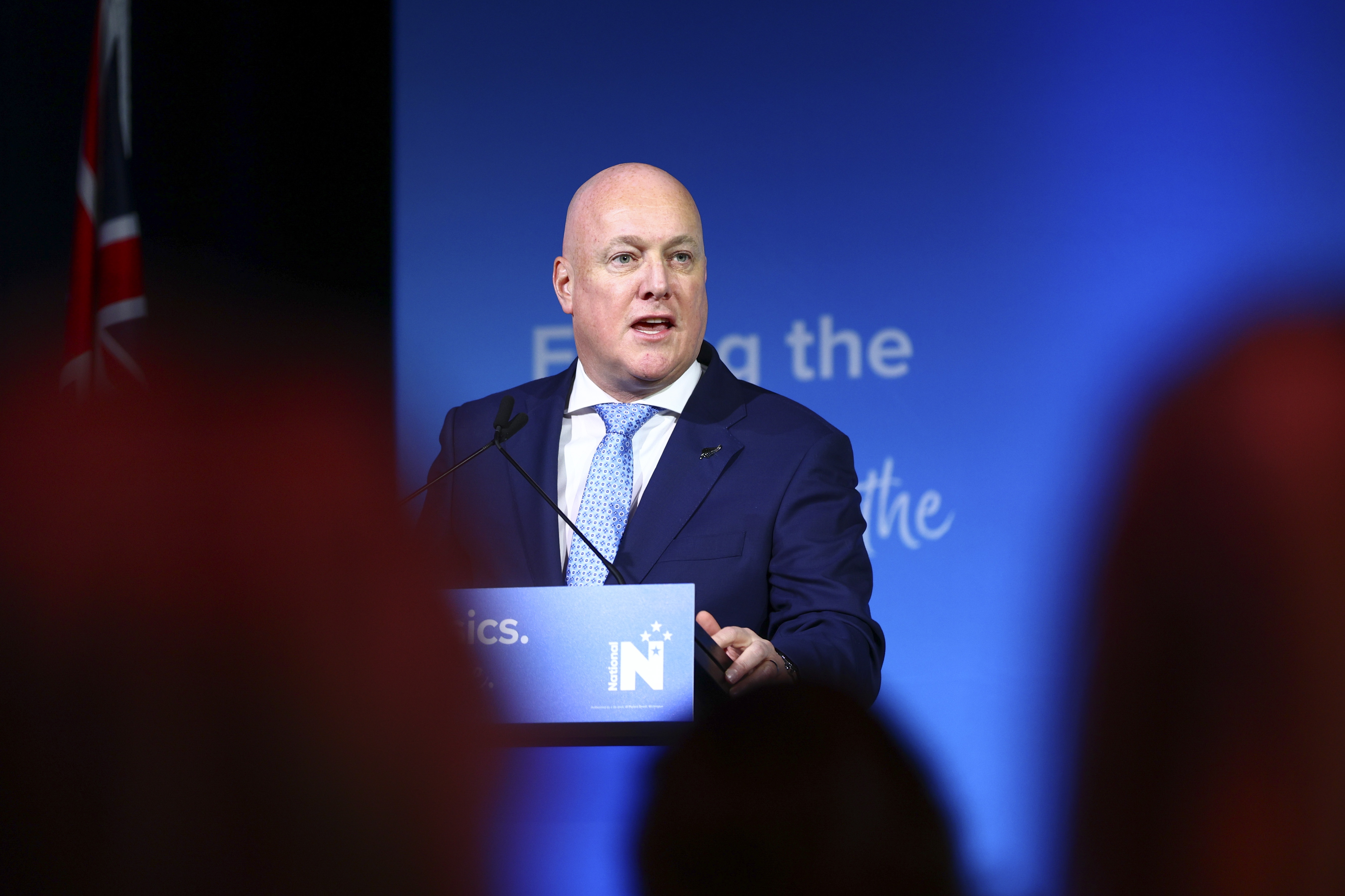 Party leader and Prime Minister Christopher Luxon speaks during the National Party 90th Annual Conference at Lower Hutt Event Centre