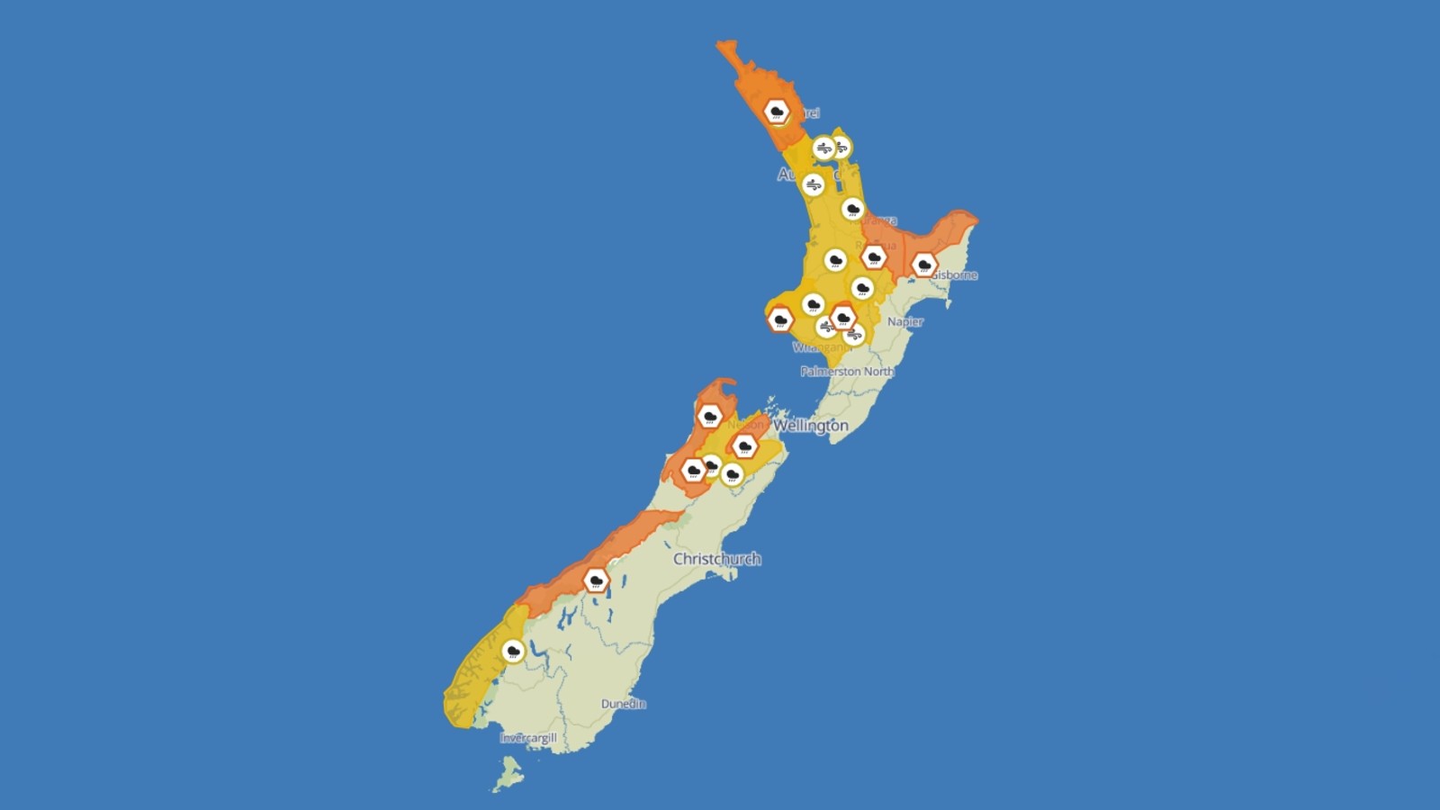 Weather warnings and watches across the country as of Monday. Source: MetService 