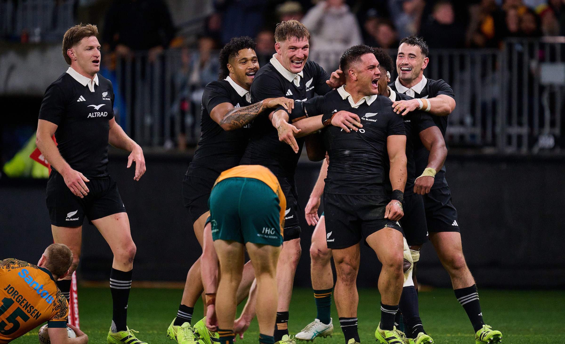 Quinn Tupaea celebrates his second try for the All Blacks in Perth.
