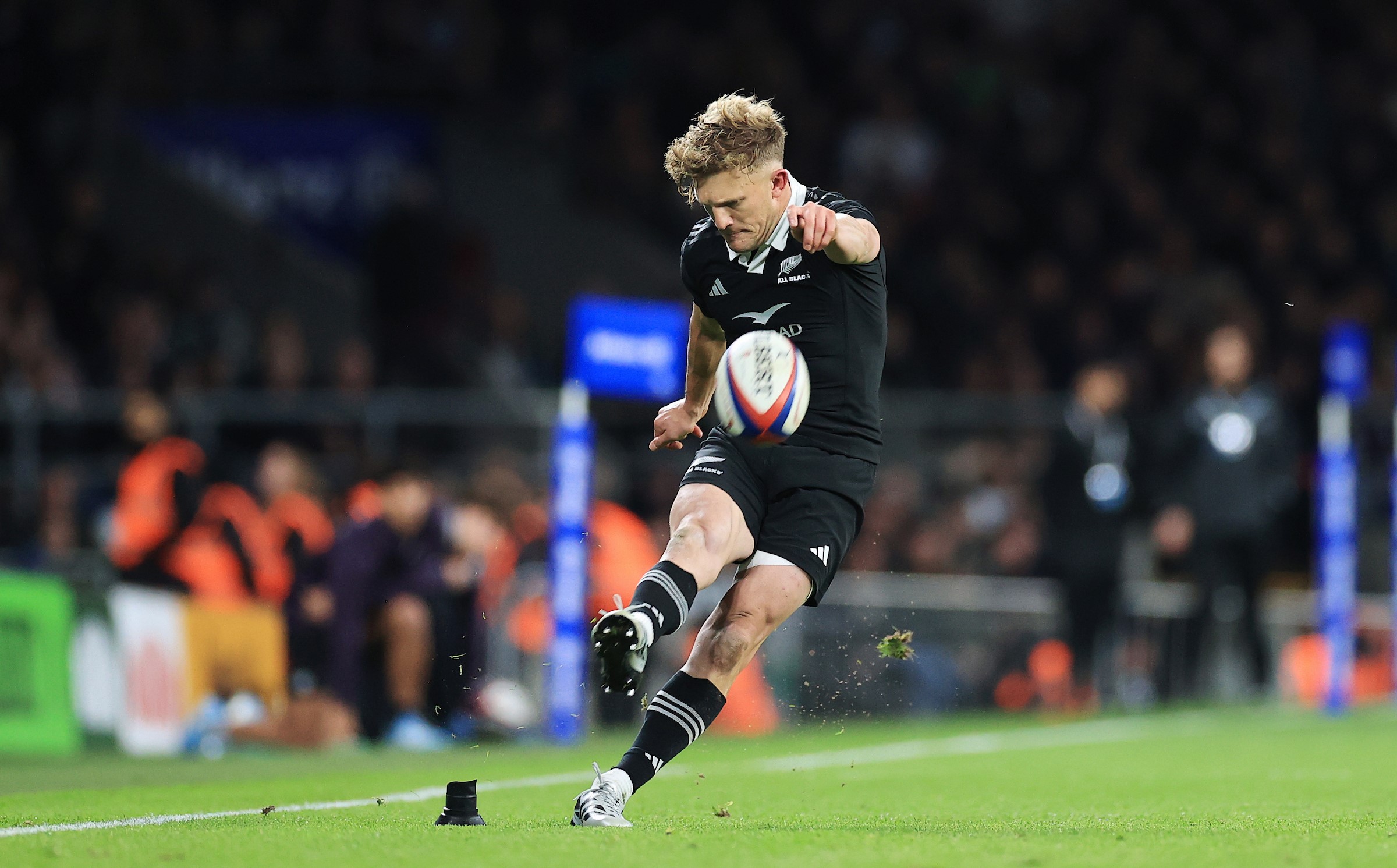 Damian McKenzie kicks what turned out to be the winning conversion for the All Blacks against England last November.