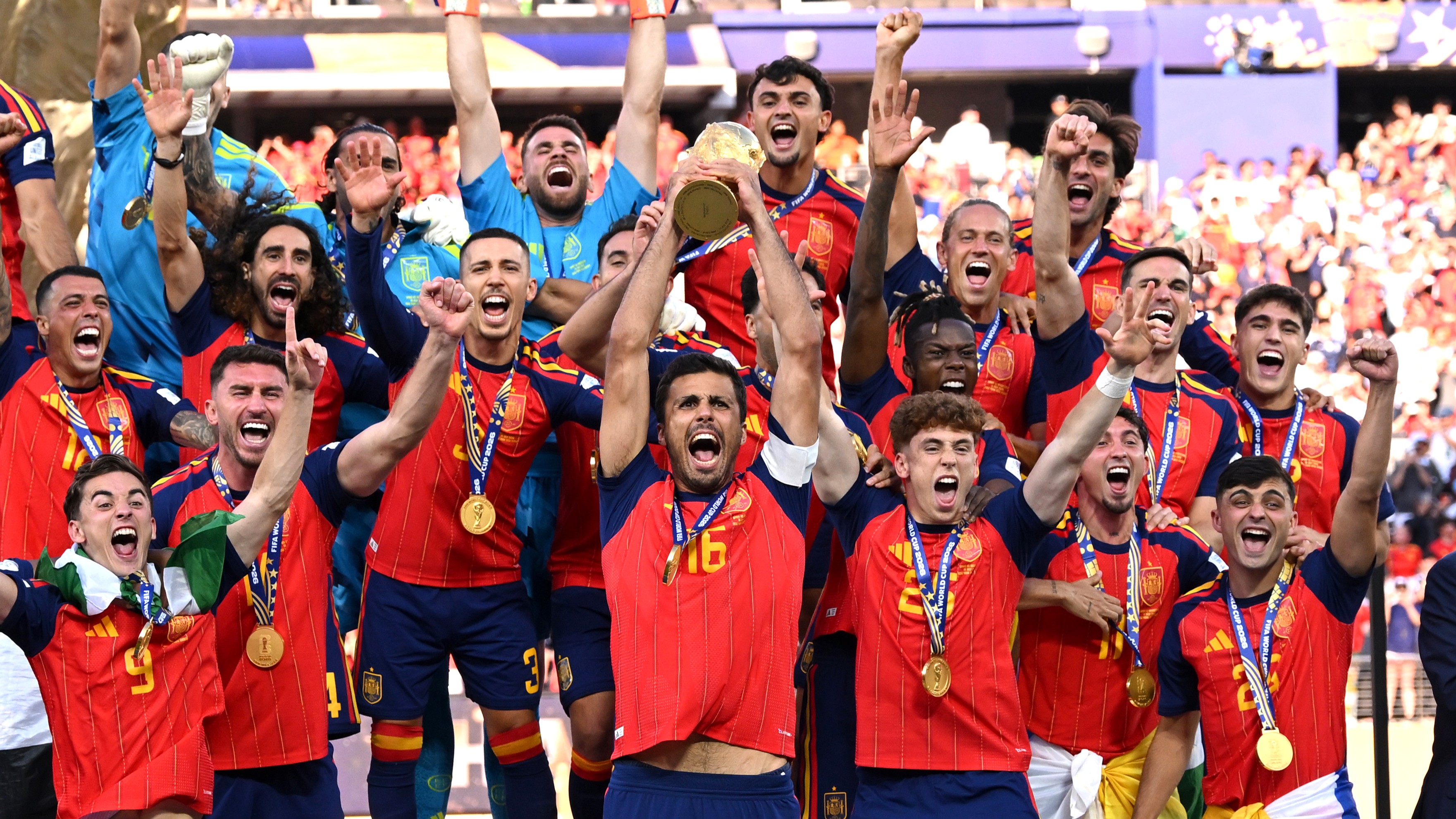  Rodri #16 of Spain lifts the FIFA World Cup Winner’s Trophy after the team’s victory following the FIFA World Cup 2026 Final match between Spain and Argentina.