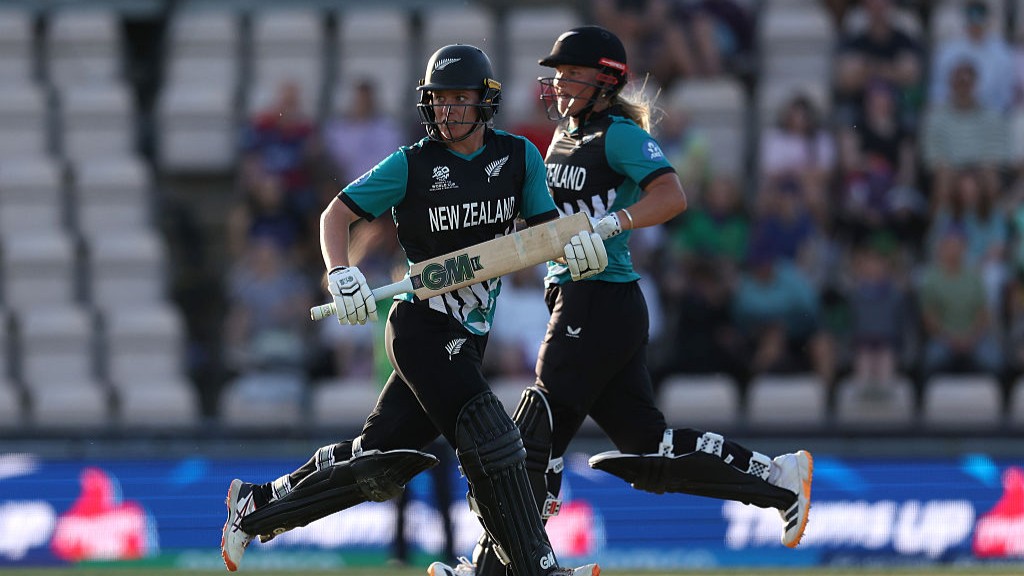 Brooke Halliday and Izzy Sharp of New Zealand run between the wickets as they bat together during the ICC Women's T20 World Cup Group B match.