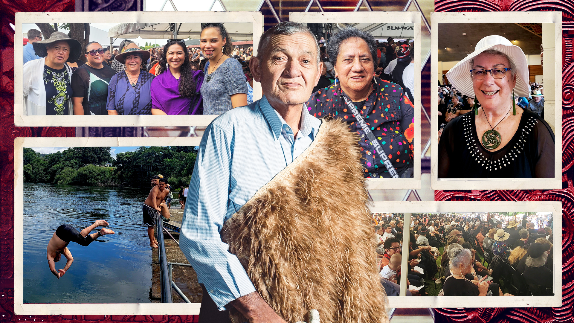 Kīngi Tuheitia, surrounded by (clockwise from top left) Ngati Porou members, Christina Te Namu, Professor Margaret Mutu, a full marquee, Waikato river swimmers. 