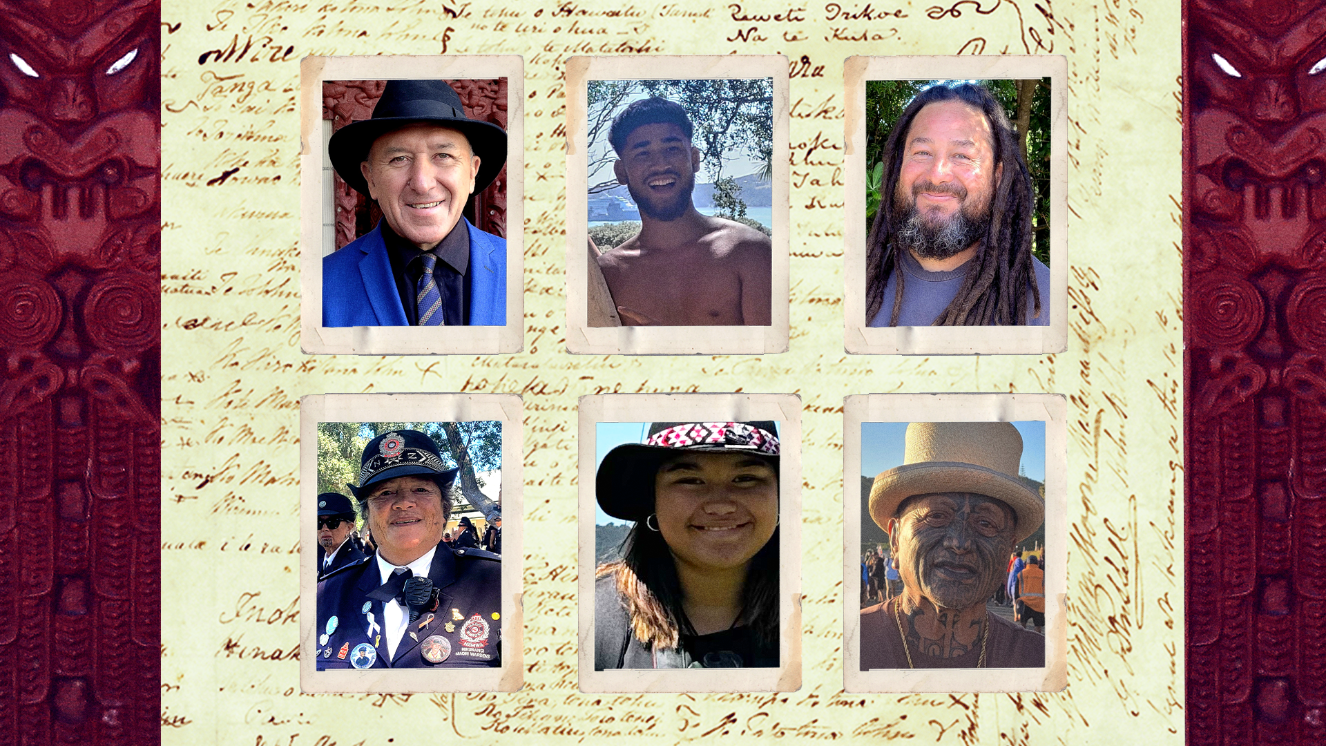Faces of Waitangi: (from top left) Pita Tipene, Israel Hapi, Rudy de Thierry 
Tāme Iti, Ataria-Jay Tahapeehi, Maryann Vogt.


