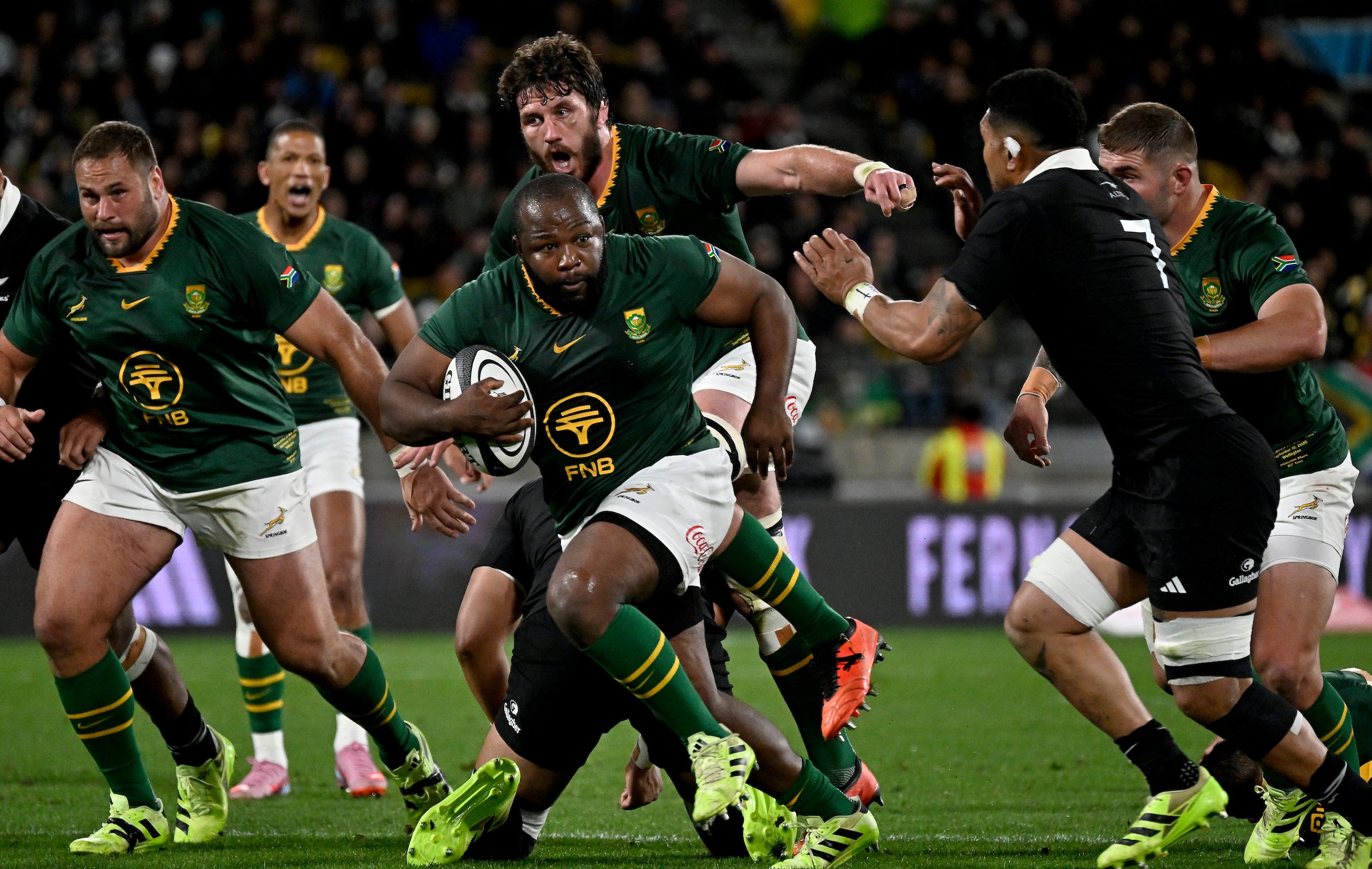 Boks prop Ox Nche goes on the attack during South Africa's demolition of the All Blacks in Wellington. 