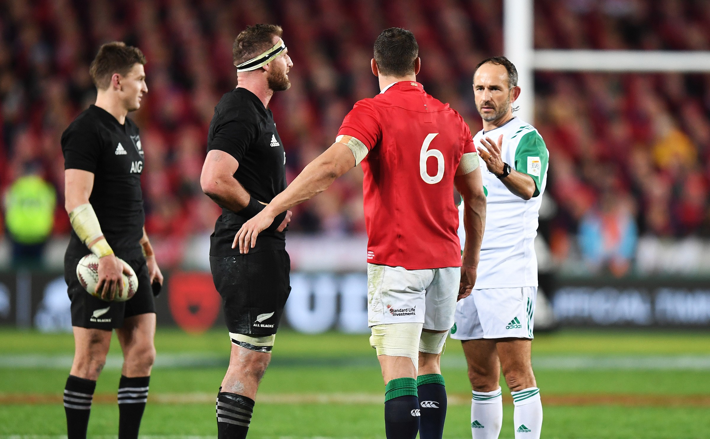 Kieran Read and Sam Warburton speak to referee Romain Poite during the third Lions Test in 2017.