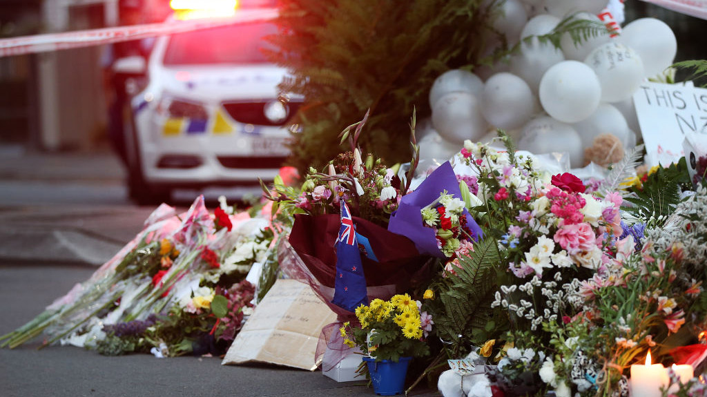 Floral tributes are seen outside the Al Noor Mosque in Christchurch