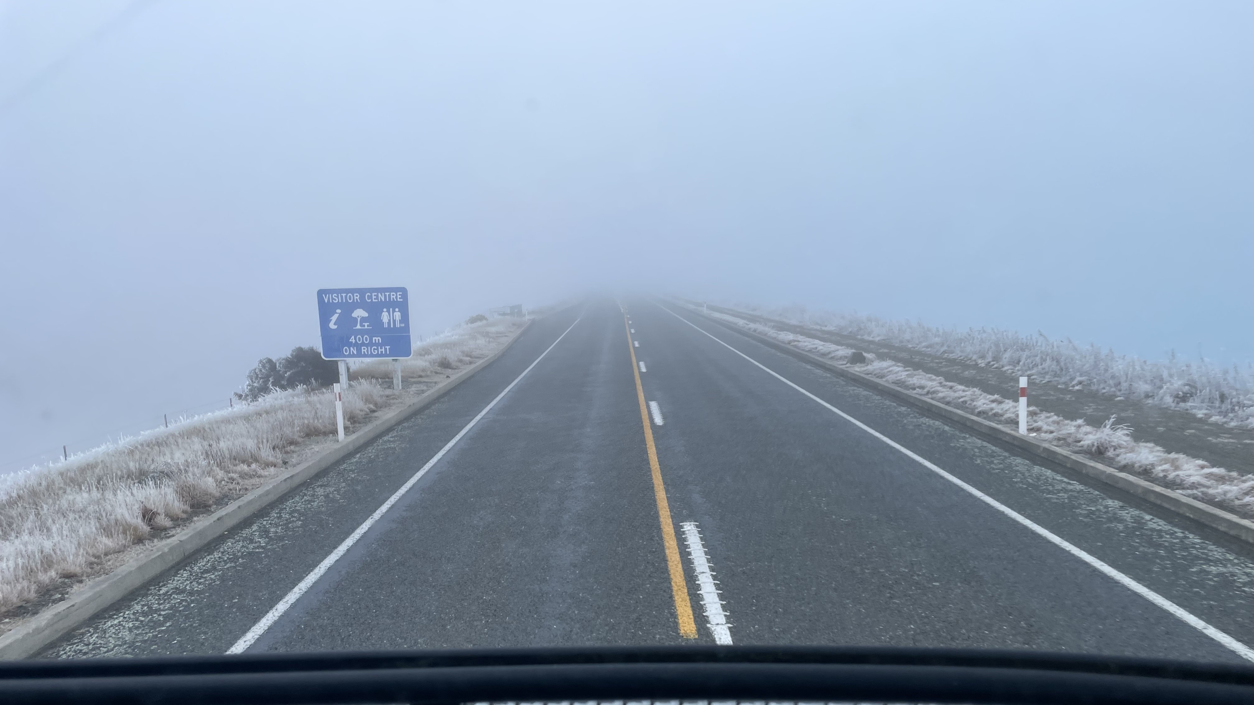 A foggy view from one of the contractor vehicles on SH8.