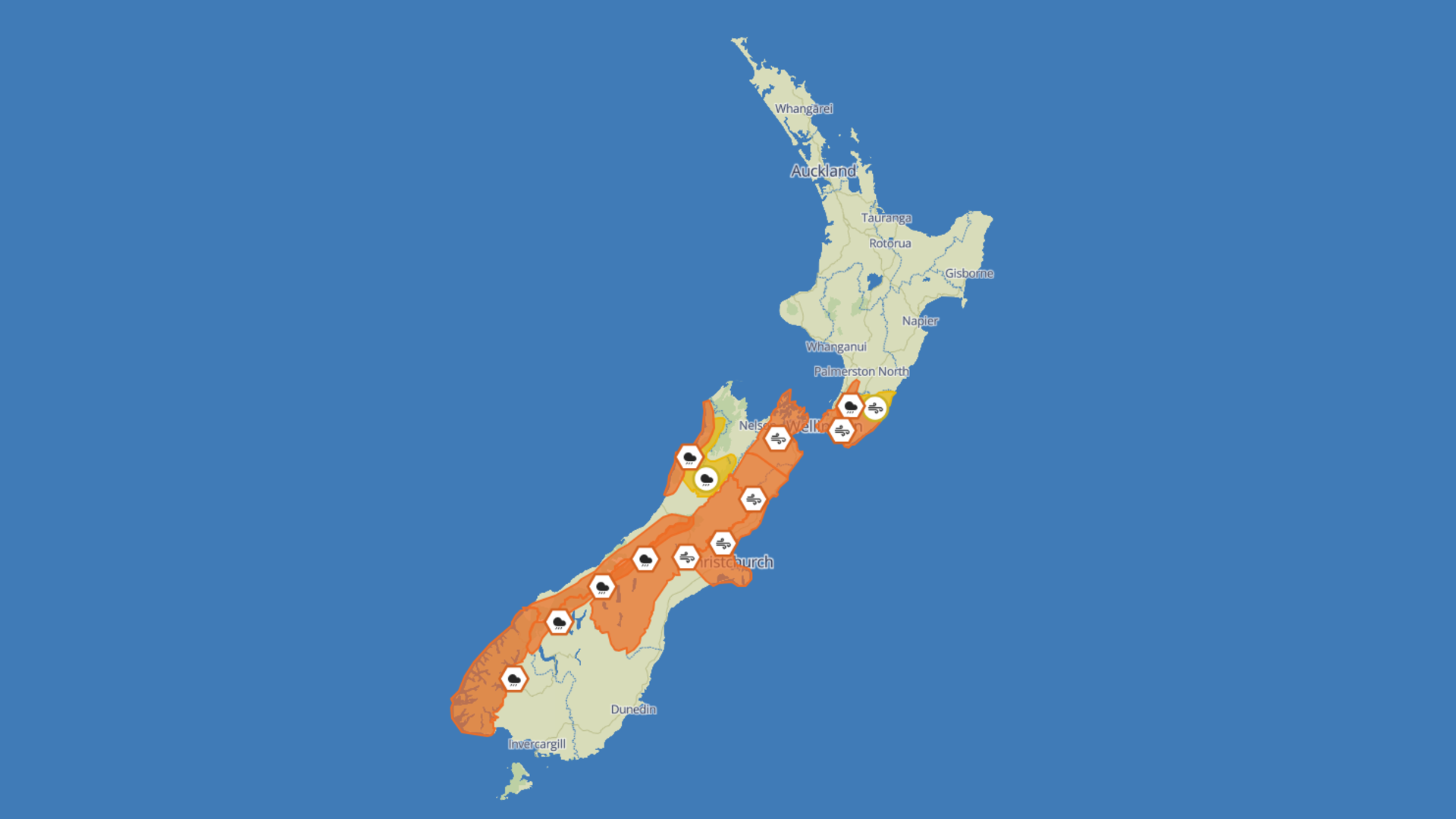 MetService has issued a string of warnings covering western and alpine regions, including Fiordland, Westland, Buller and Grey, as well as parts of Canterbury, Otago and the lower North Island, with wild conditions expected to track north through the weekend.