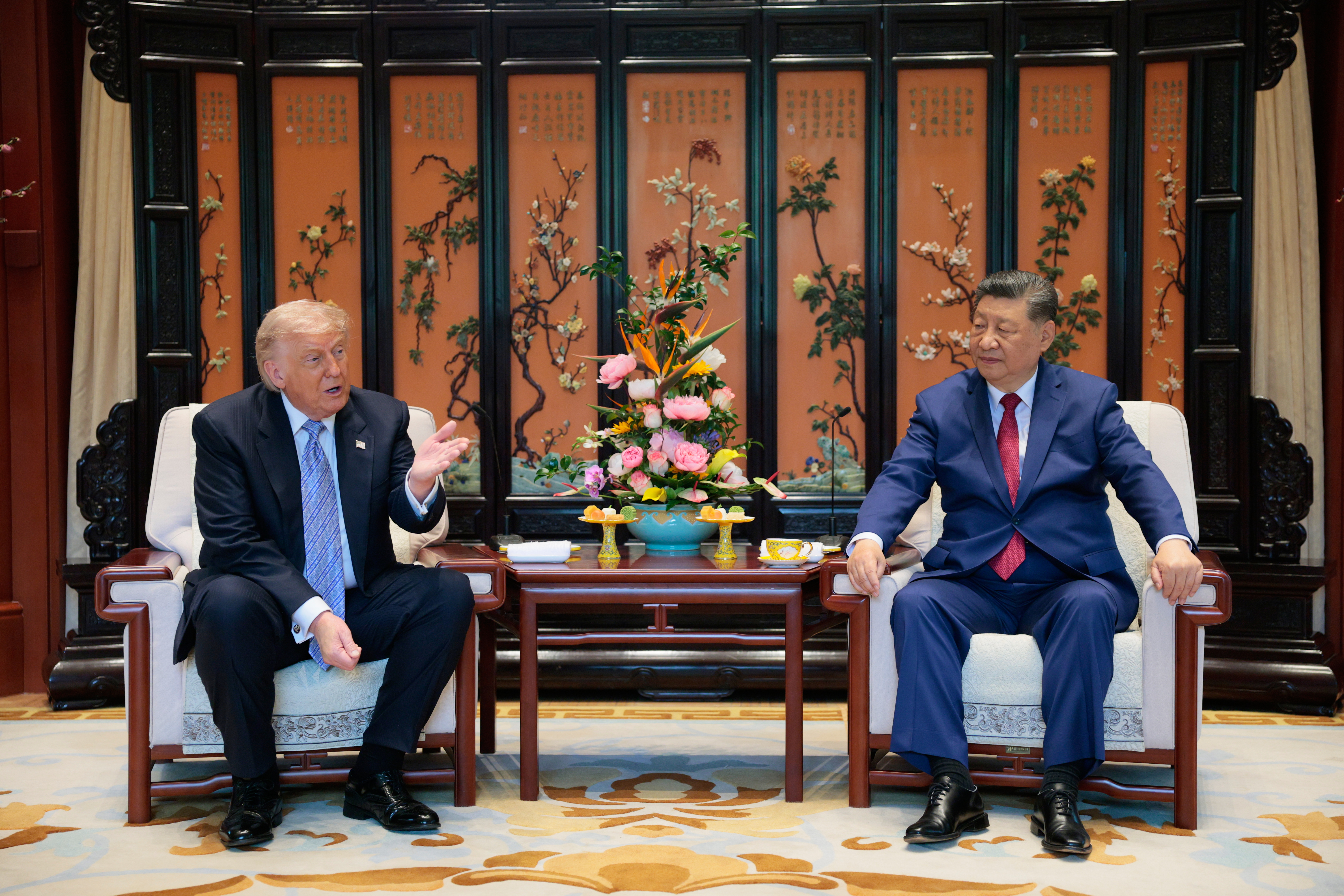 Chinese President Xi Jinping and US President Donald Trump attend a meeting on the sidelines of their visit to the Zhongnanhai Garden in Beijing, China, Friday, May 15, 2026.