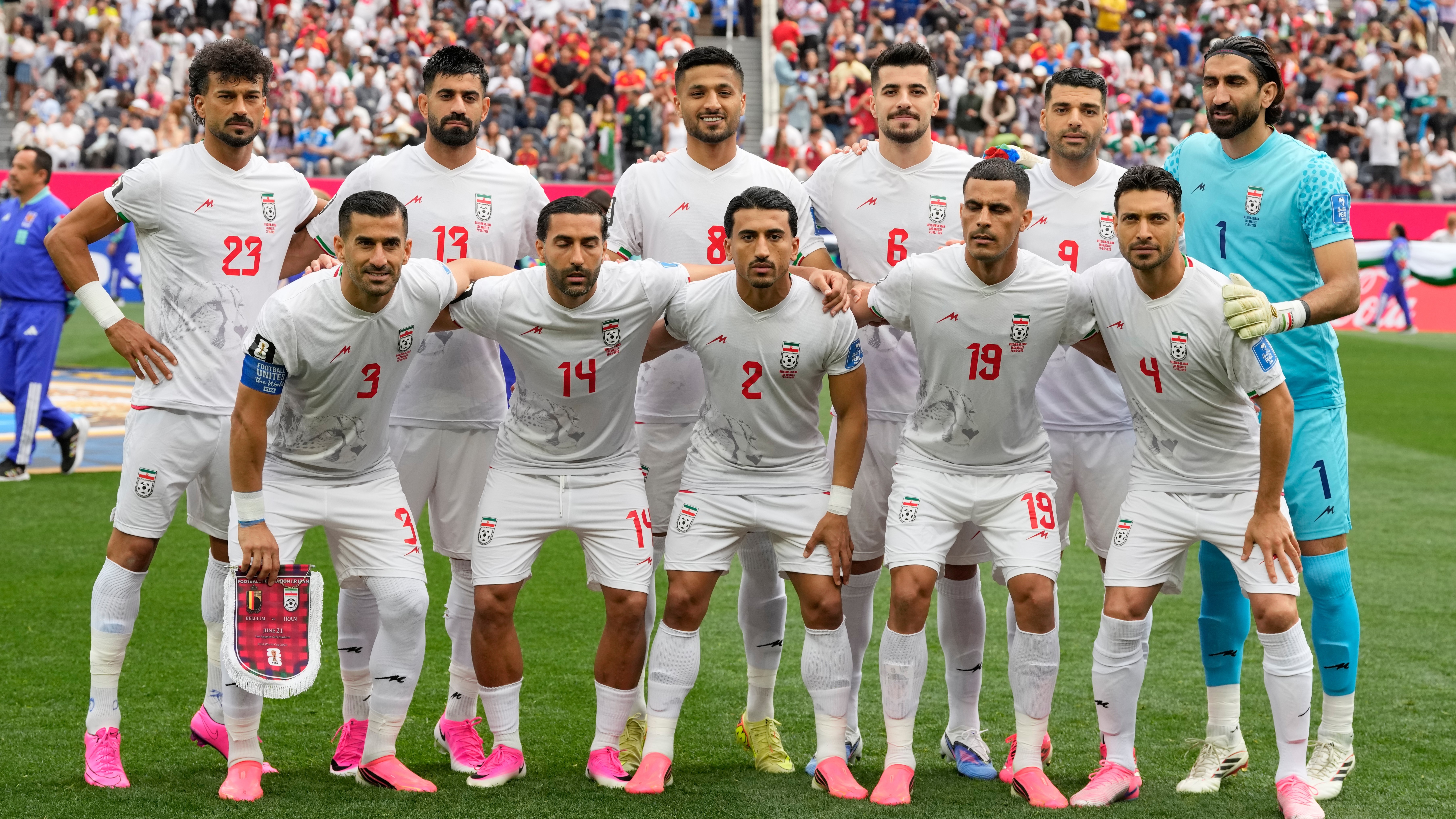 Iran team pose for a group photo prior to the World Cup Group G soccer match between Belgium and Iran.