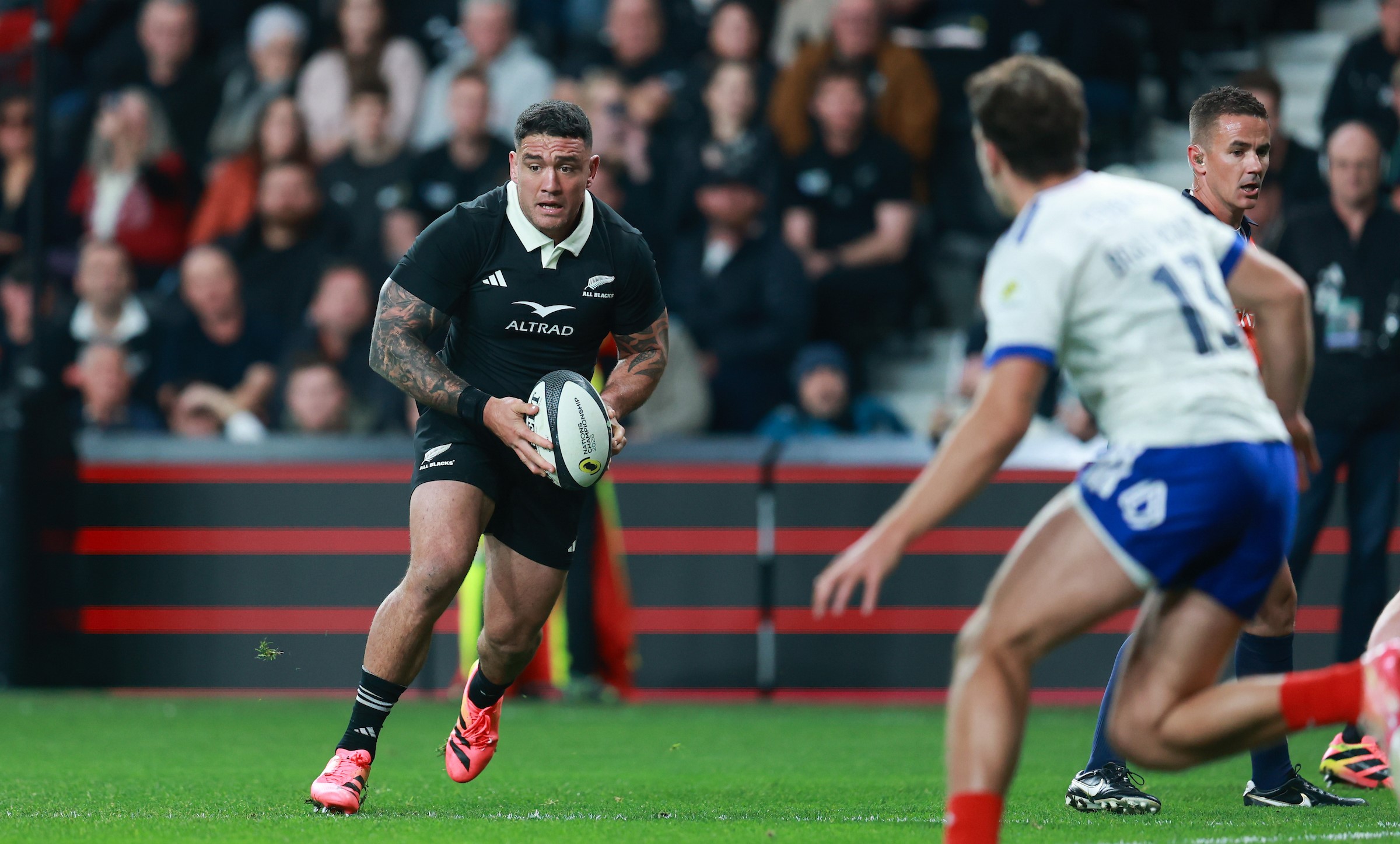 All Blacks hooker Codie Taylor goes on the charge against France in Christchurch.