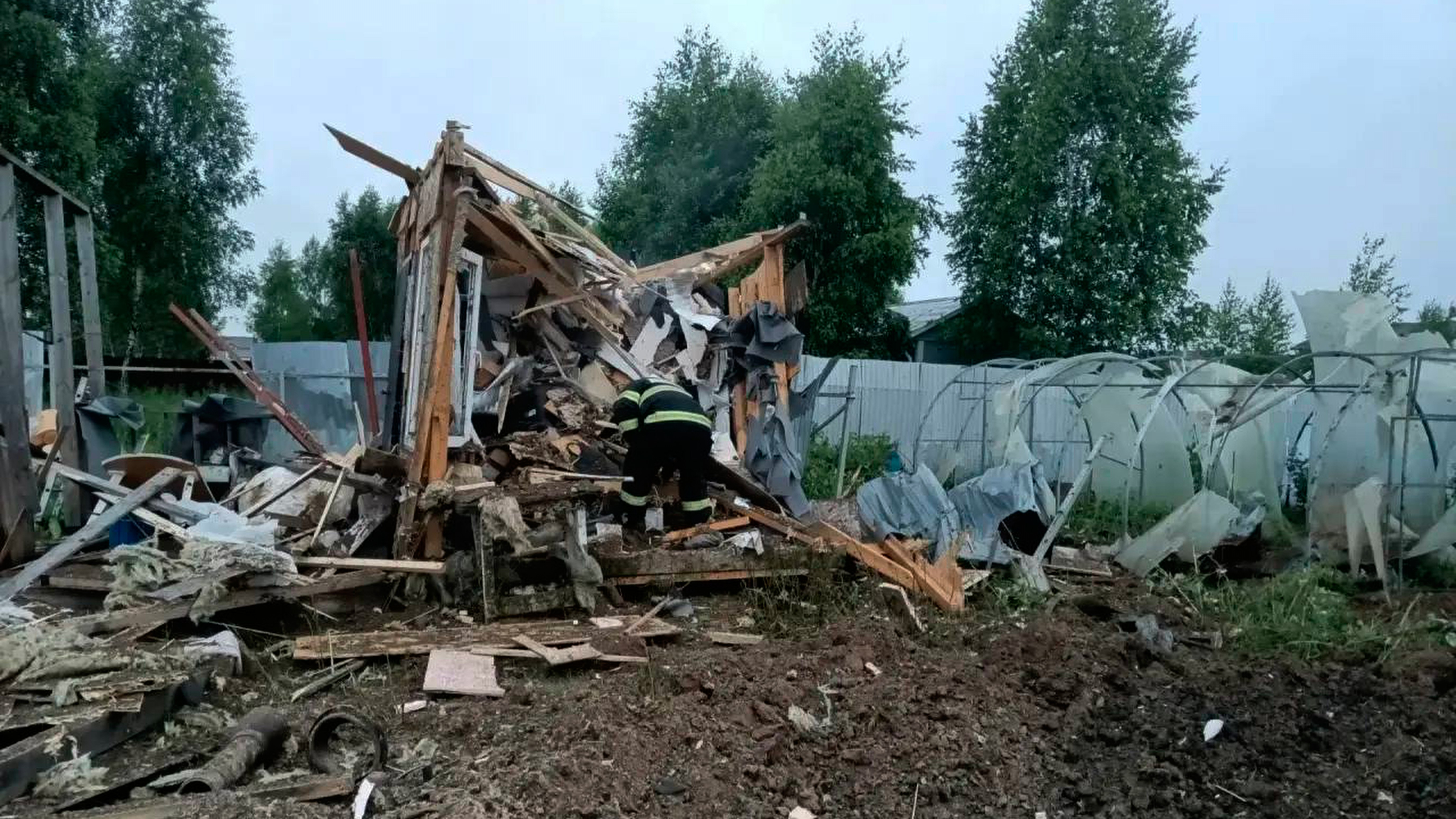 This photo released by Moscow Region Governor Andrei Vorobyev's official telegram channel shows the damage in a country side after a Ukrainian drone attack.