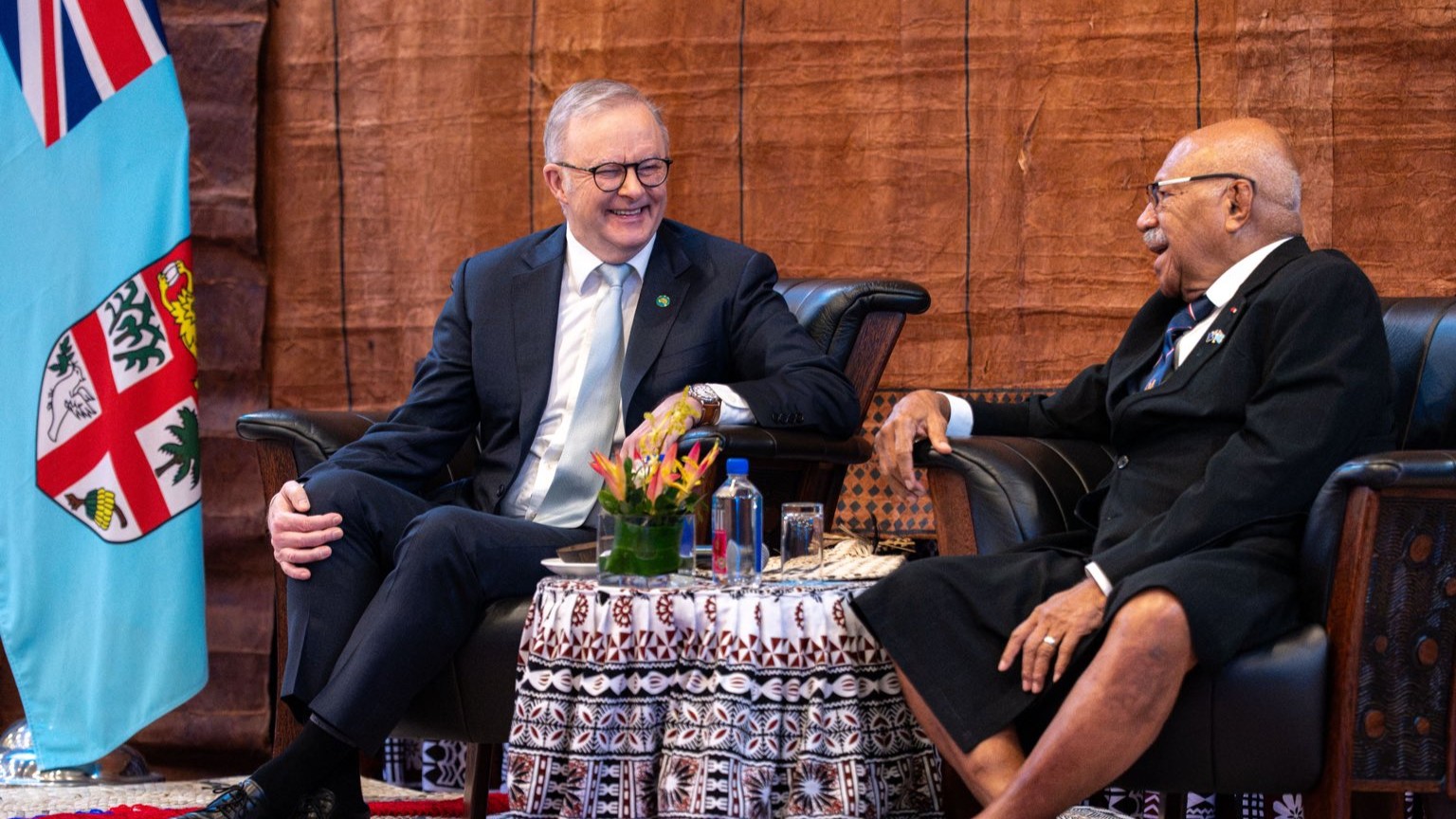 Anthony Albanese talks with Fiji Prime Minister Sitiveni Rabuka.