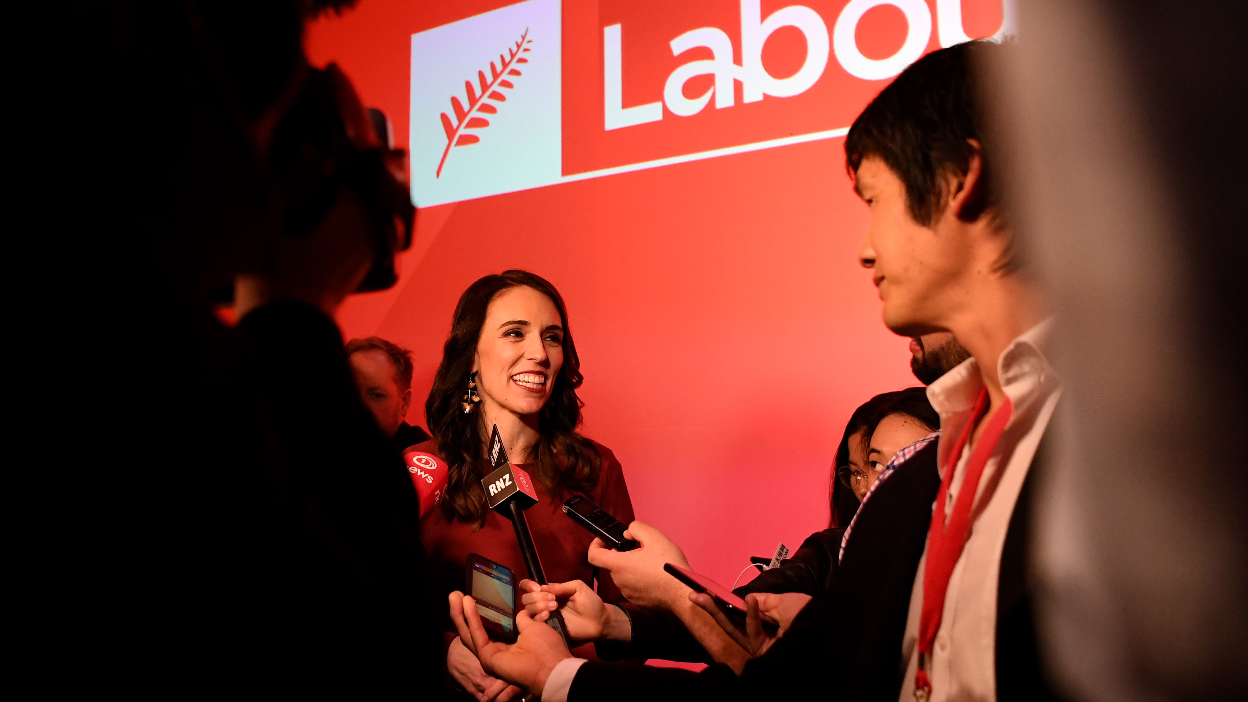 Jacinda Ardern is interviewed after claiming victory during the Labor Party Election Night Function at Auckland Town Hall on October 17, 2020.
