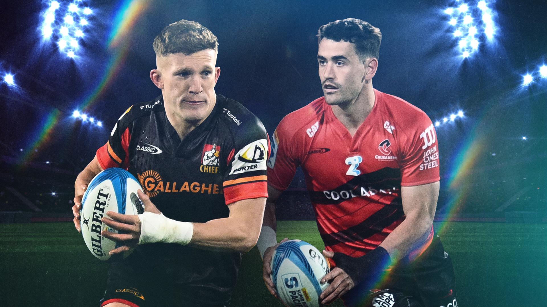 Damian McKenzie of the Chiefs and Will Jordan of the Crusaders go head to head tonight.