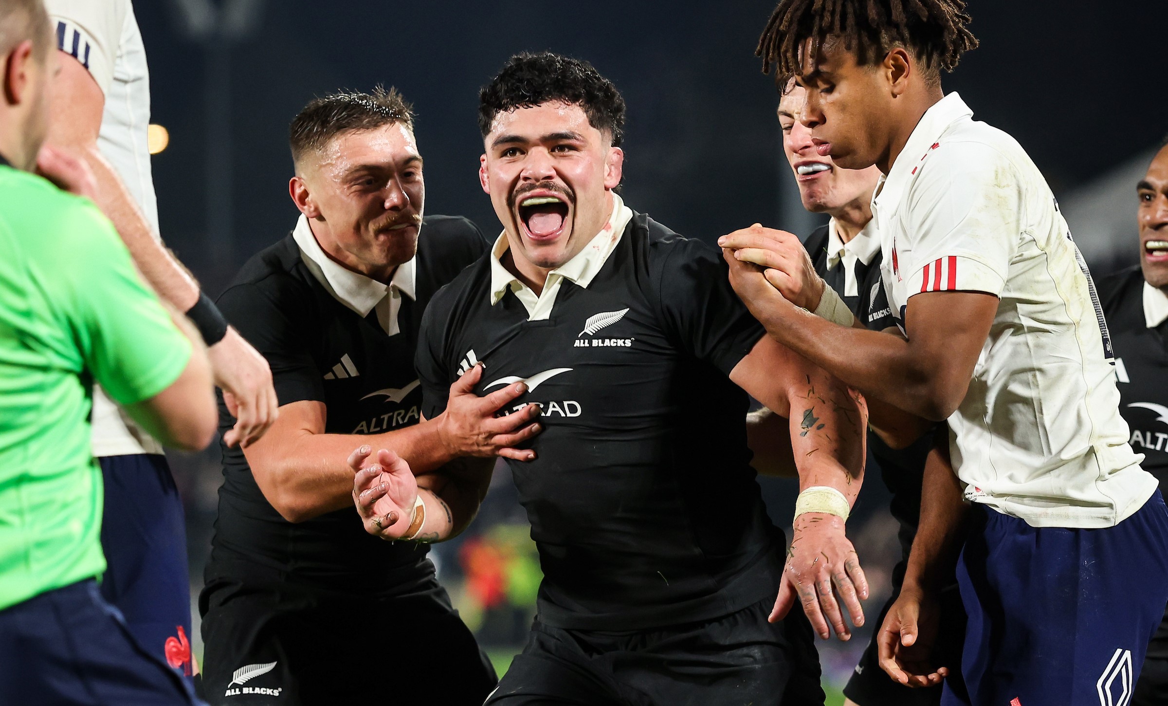 Du'Plessis Kirifi celebrates his first Test try.