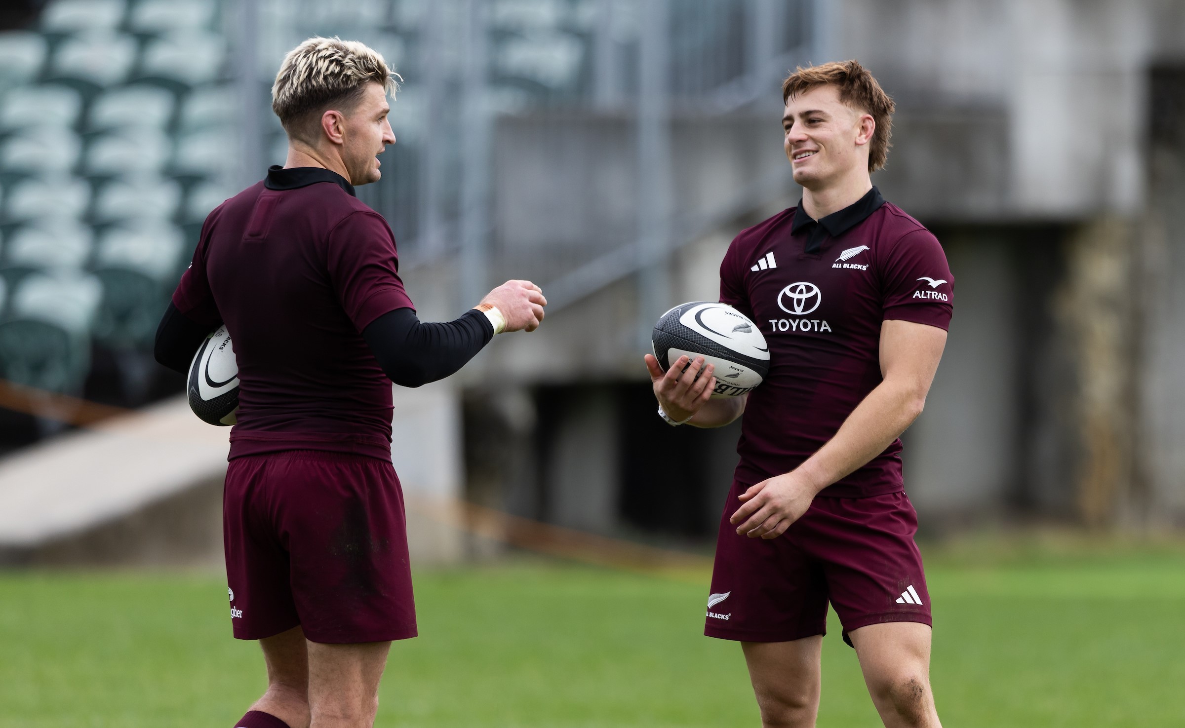Beauden Barrett, left, and Ruben Love train with the All Blacks.
