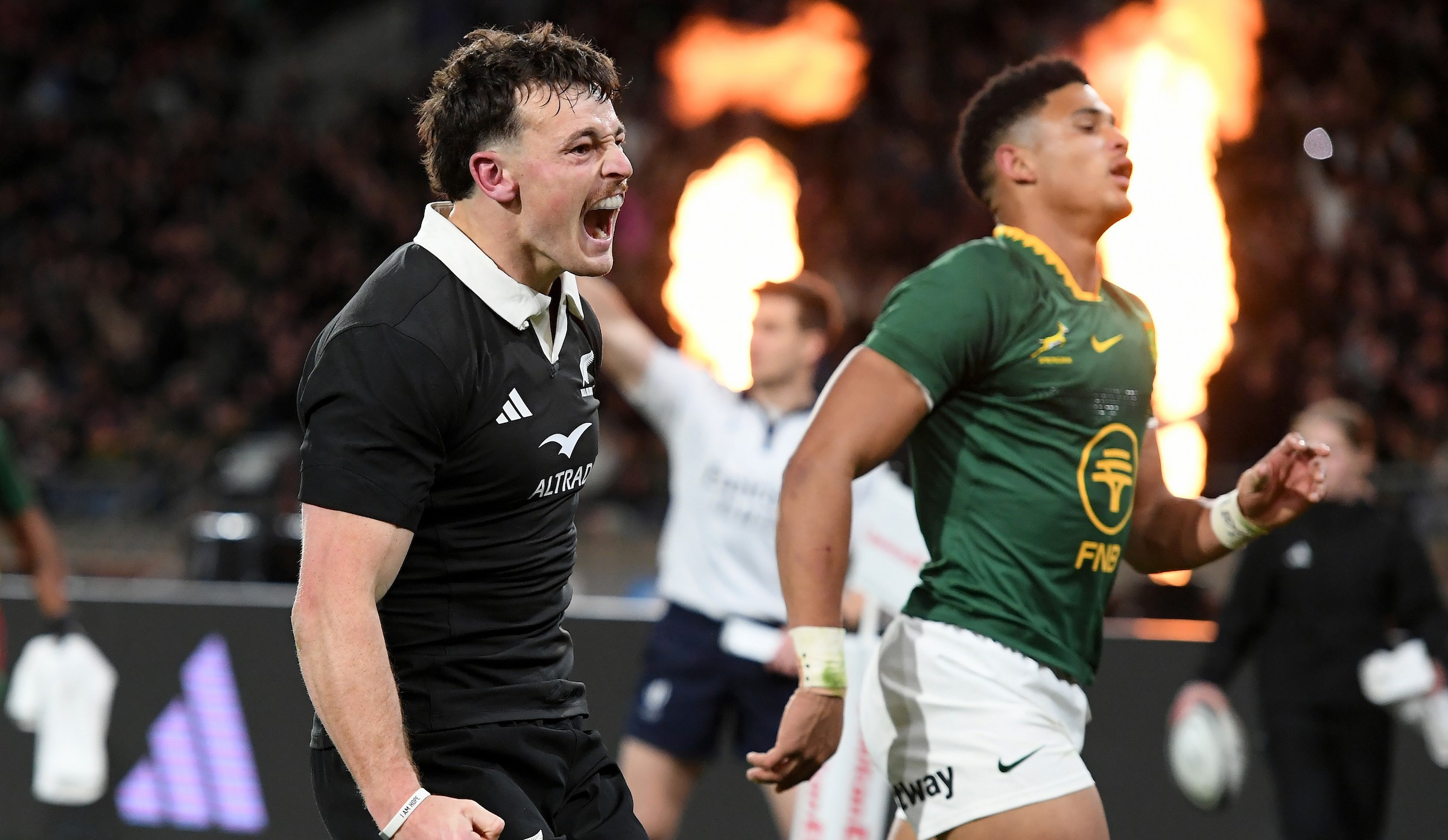 Leroy Carter celebrates his try for the All Blacks in Wellington.