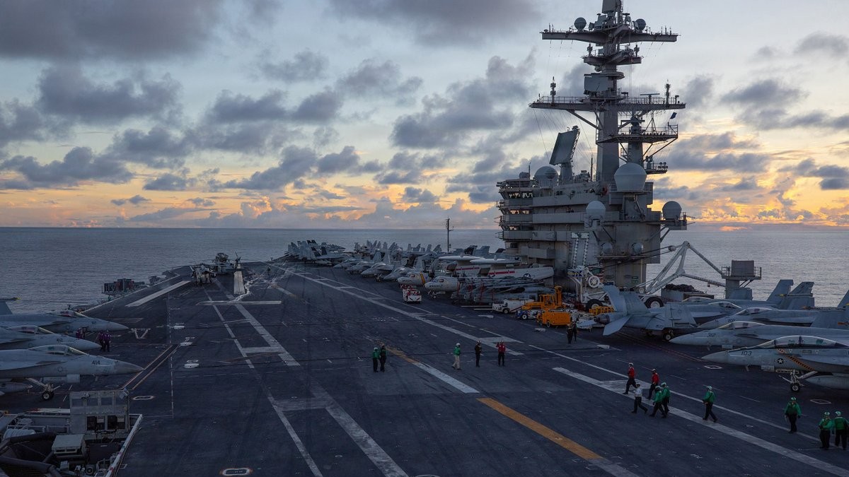 An image from aboard a ircraft carrier USS George H.W. Bush, currently stationed in the Middle East as part of the US blockade effort. 