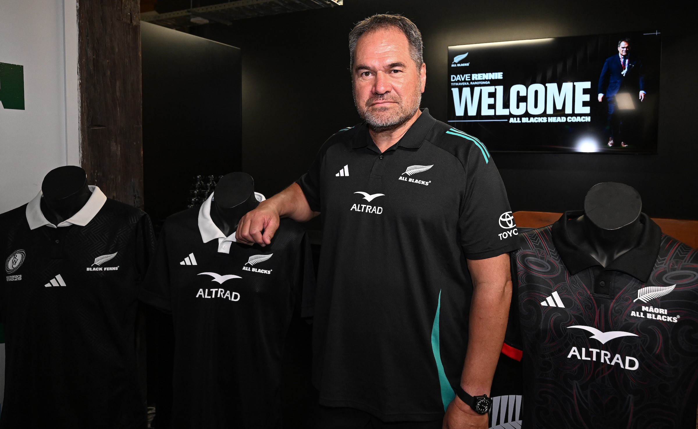 Dave Rennie poses at NZ Rugby headquarters in Auckland after his first press conference as All Blacks head coach.