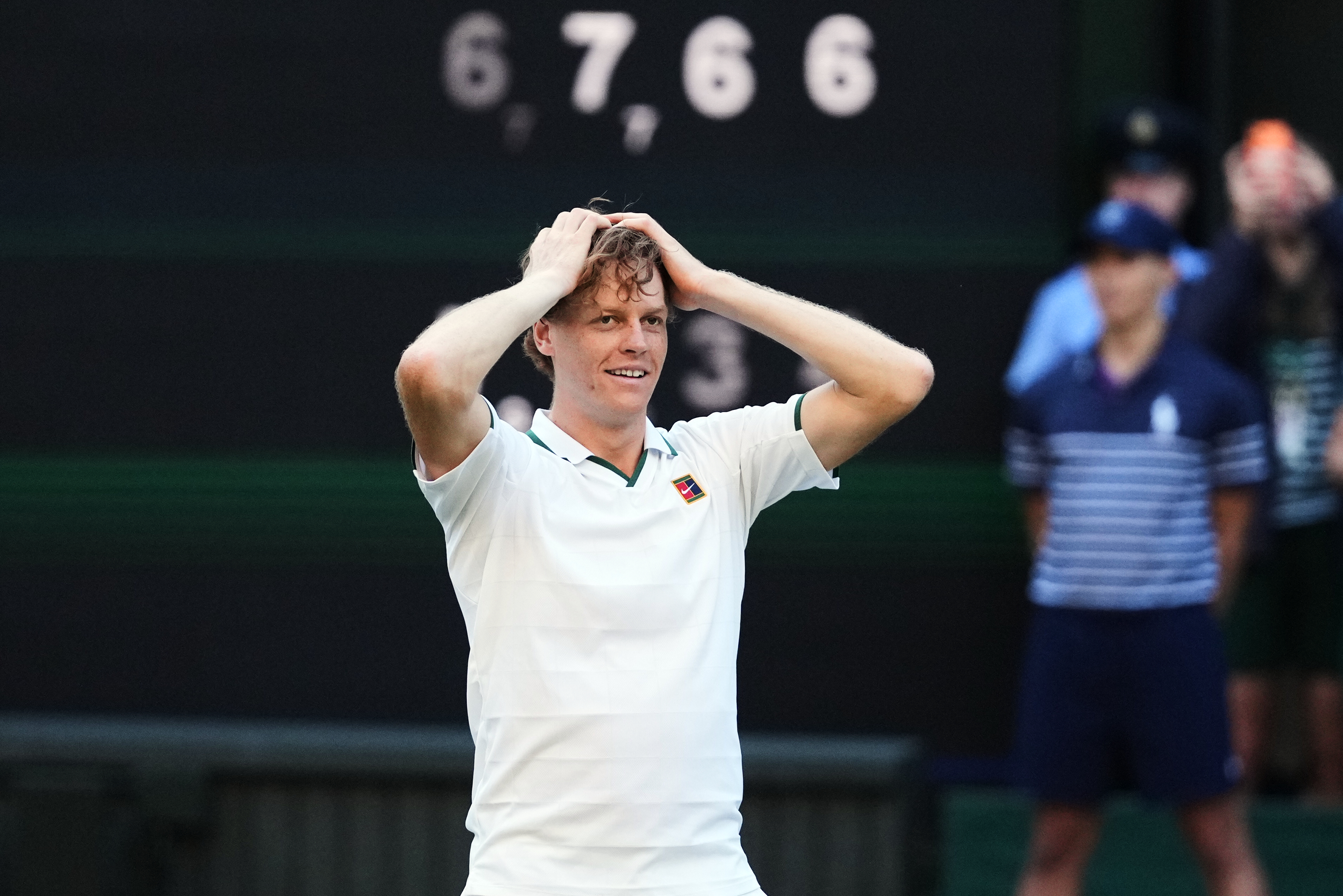 Jannik Sinner of Italy reacts after winning against Alexander Zverev of Germany in the men's singles final at Wimbledon Tennis Championships in London.