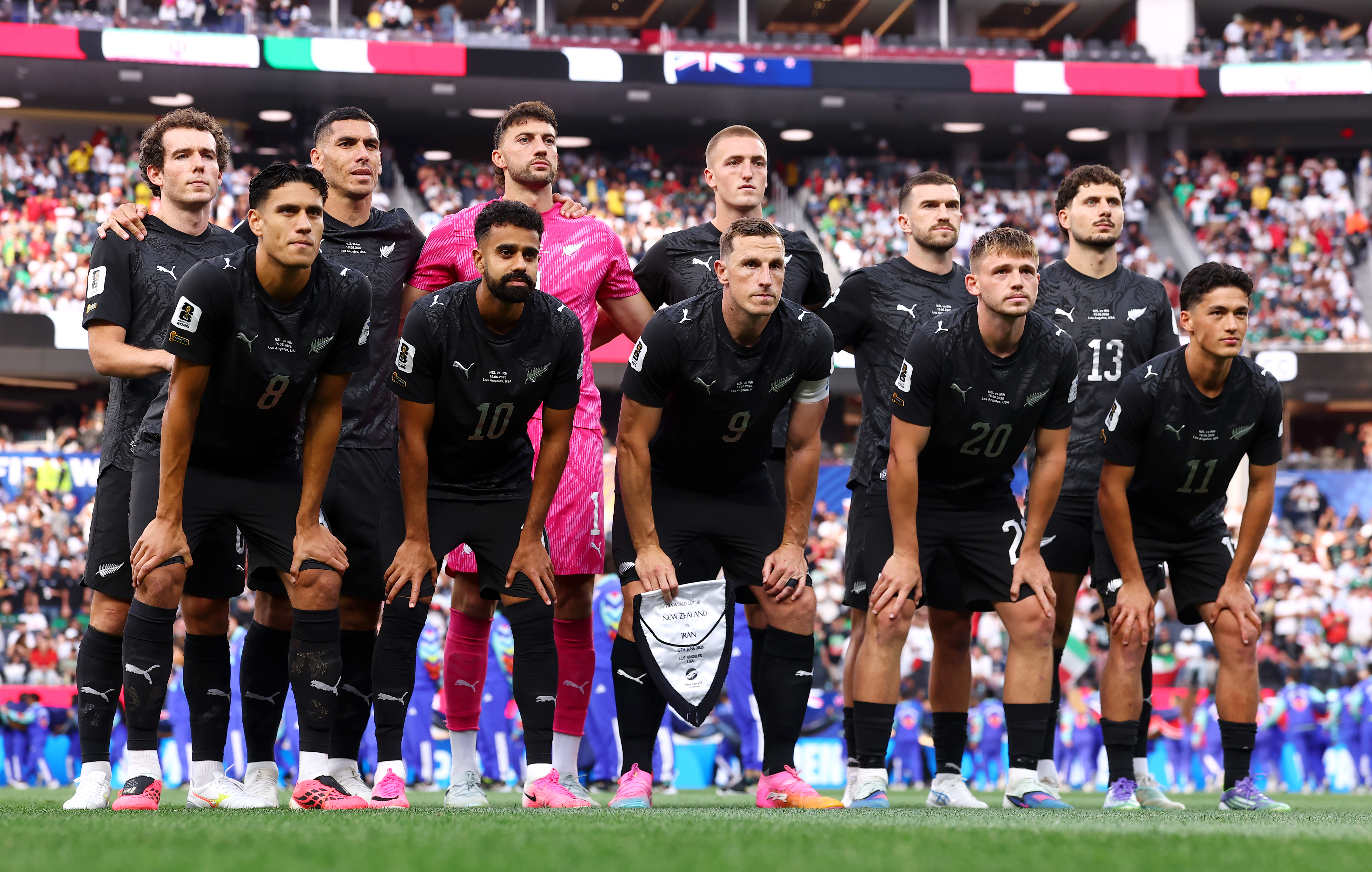 New Zealand pose for a team photograph before the FIFA World Cup 2026 Group G match with Iran at Los Angeles Stadium.