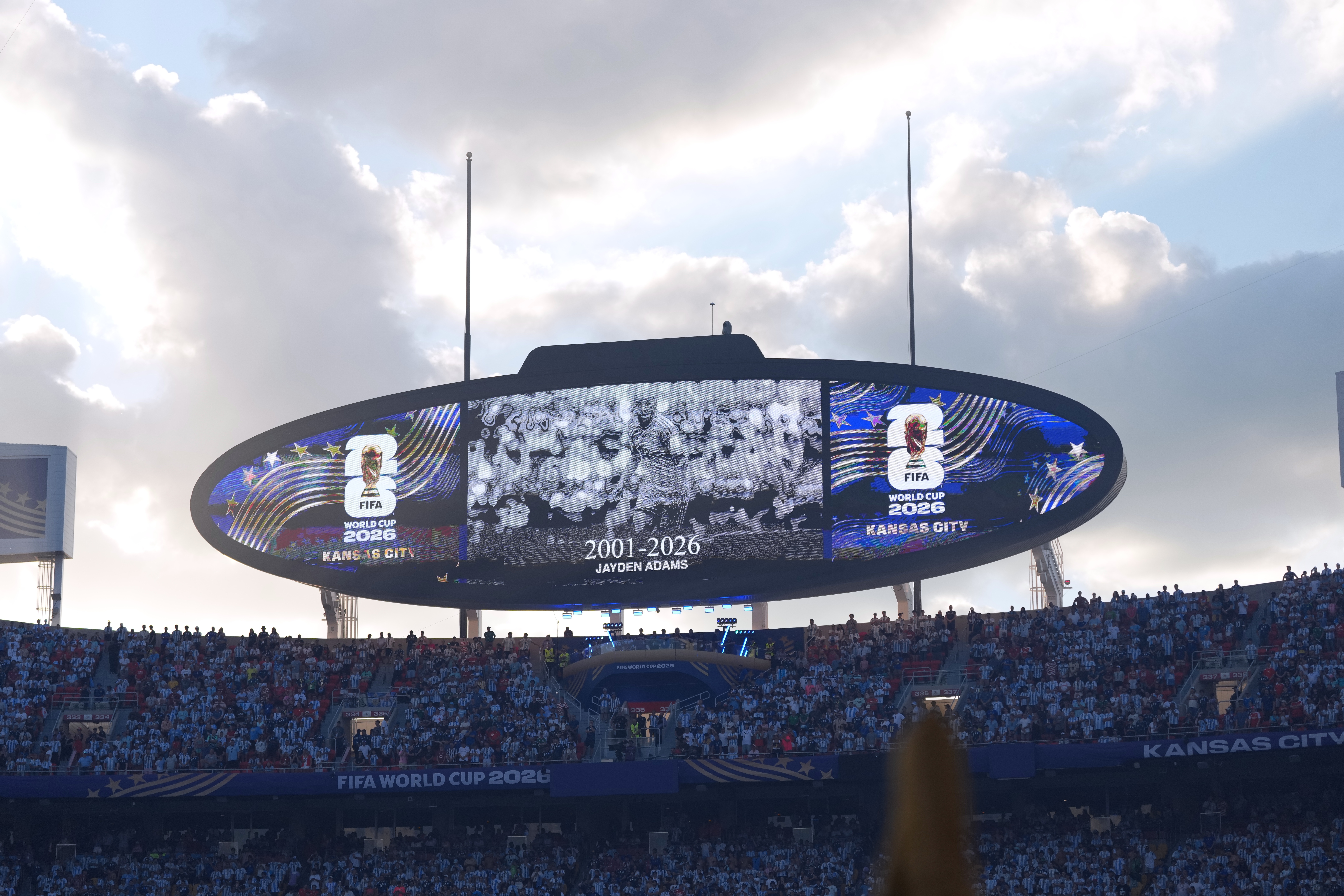 A moment of silence is held in memory of South Africa player Jayden Adams prior to the World Cup quarterfinal between Argentina and Switzerland in Kansas City