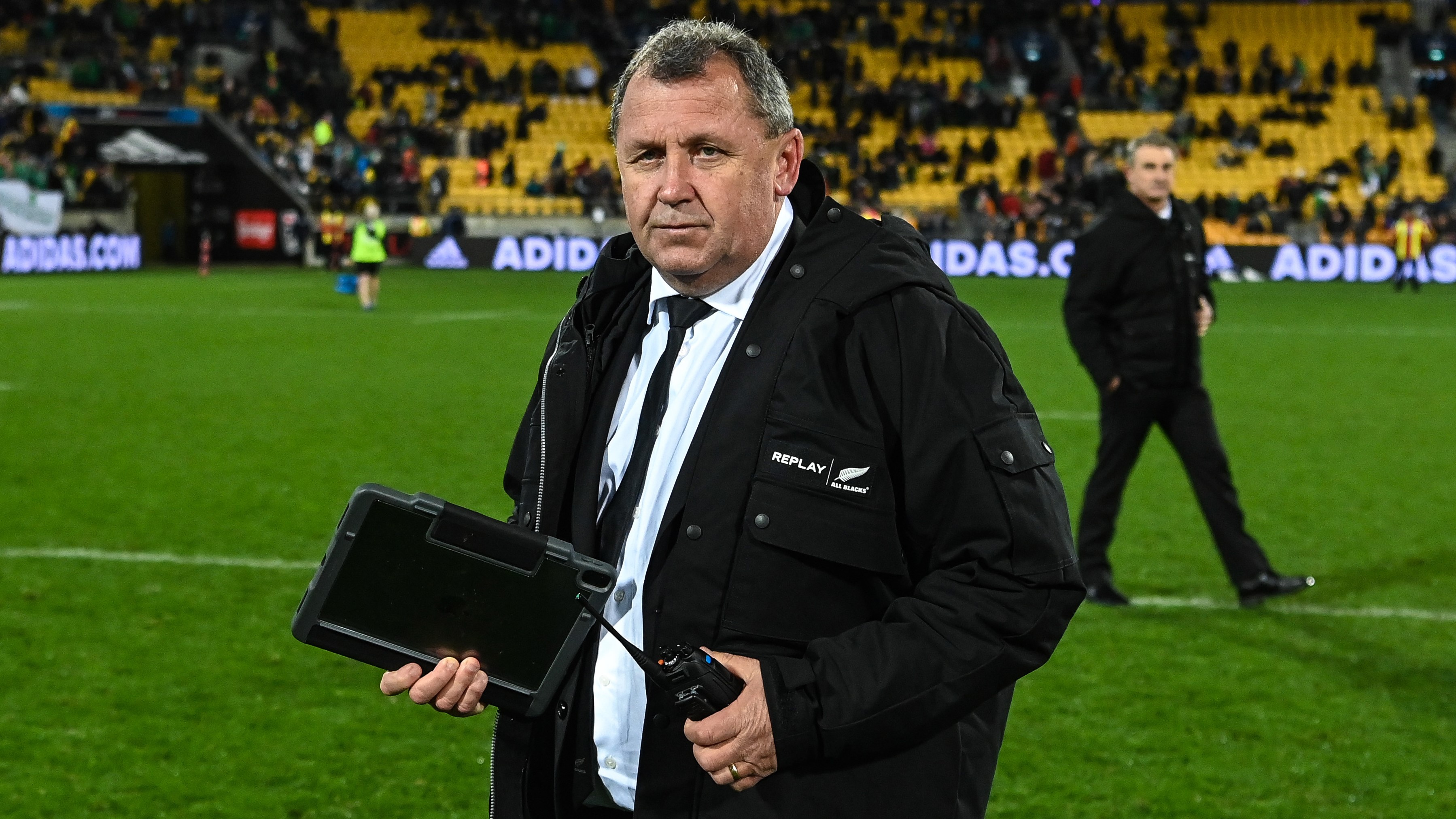 Ian Foster reacts to the All Blacks' defeat in Wellington, with one of his assistants Scott McLeod in the background.