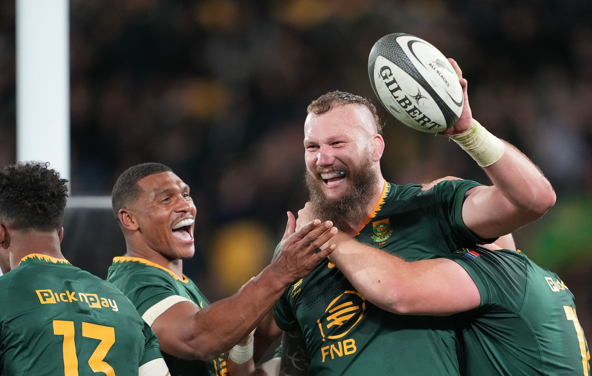 RG Snyman celebrates his try against the All Blacks. 