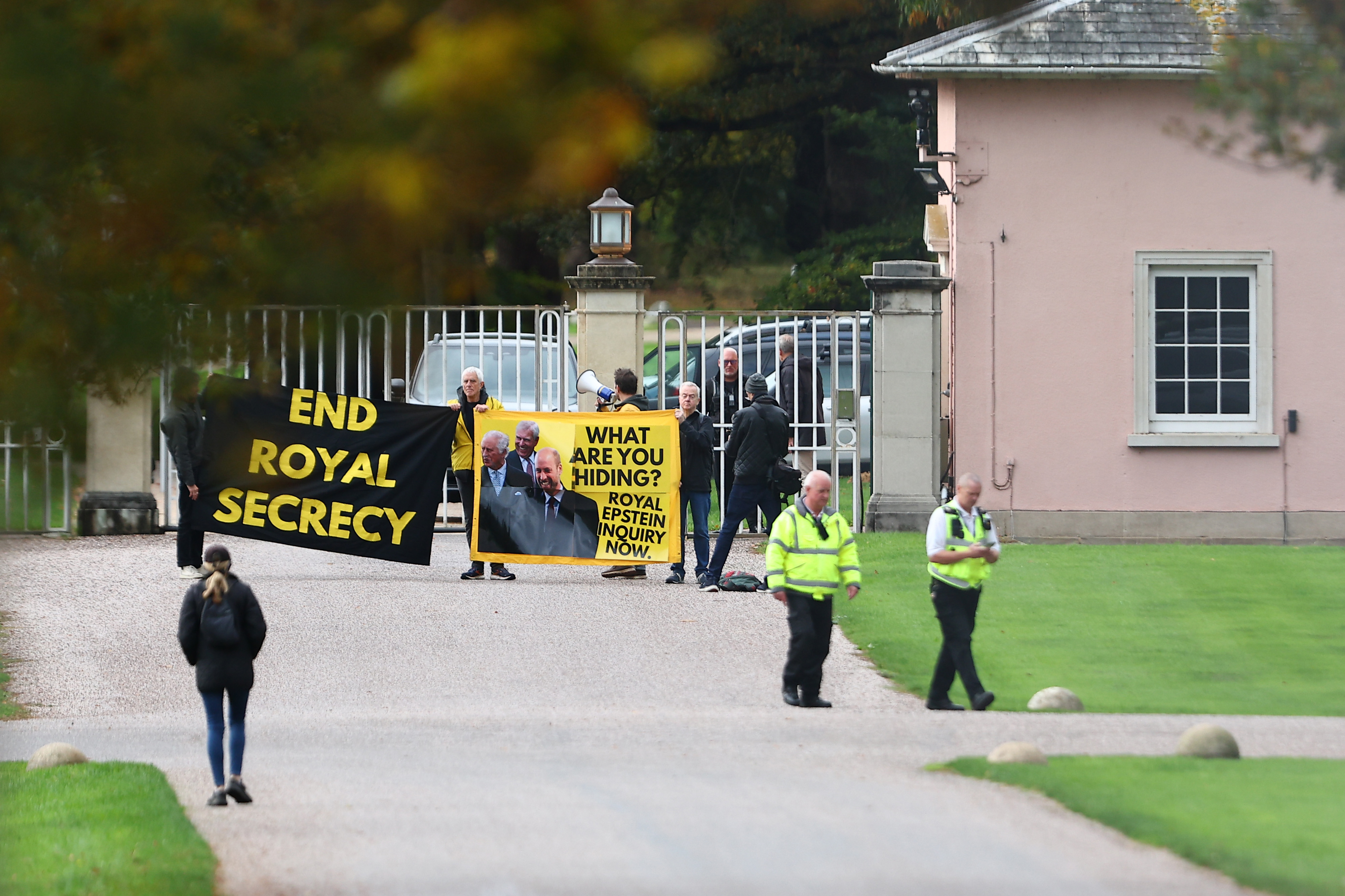 Activists from the anti-monarchy group Republic, stage a protest at the gates to royal lodge where Prince Andrew lives on October 21, 2025 in Windsor, England.