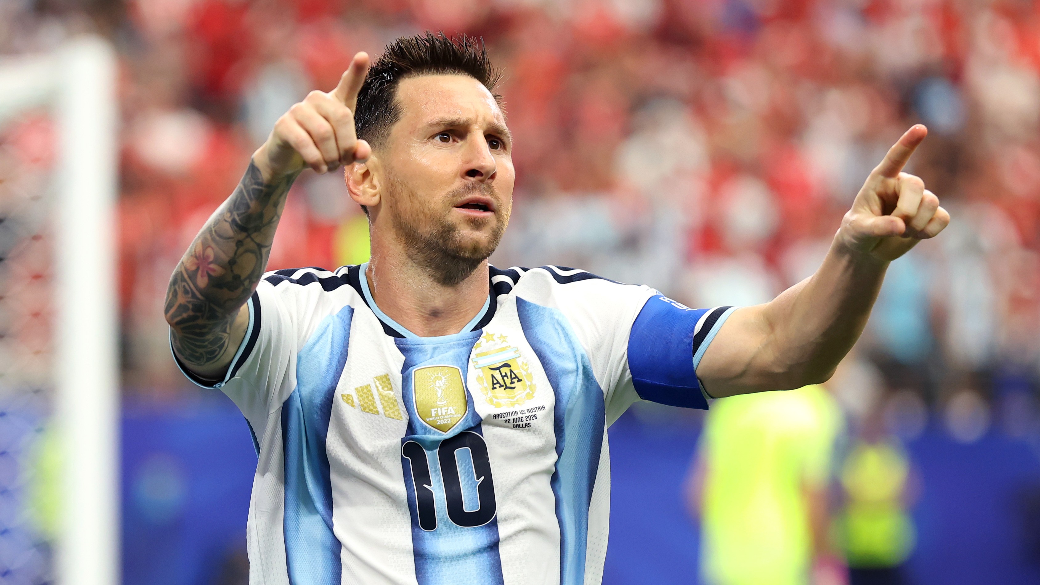 Lionel Messi #10 of Argentina celebrates after scoring his team's first goal during the FIFA World Cup 2026 Group J match between Argentina and Austria at Dallas Stadium on June 22, 2026 in Arlington, Texas.