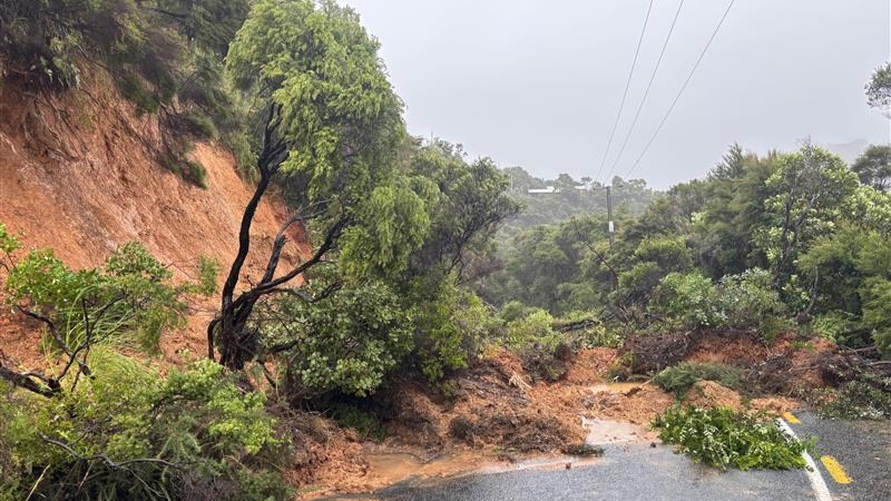 Slips near Rāwhiti, Northland as a tropical low bears down.