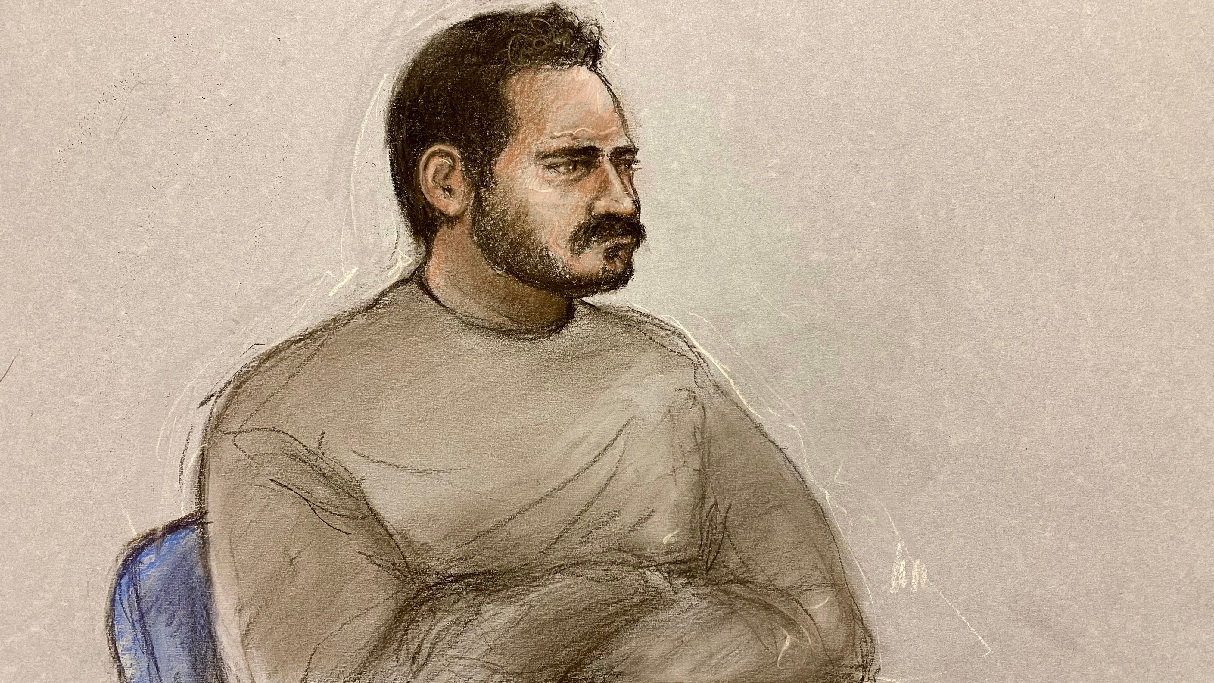 This court artist sketch by Elizabeth Cook shows Joshua Kerry, 28, appearing at Westminster Magistrates' Court in London.