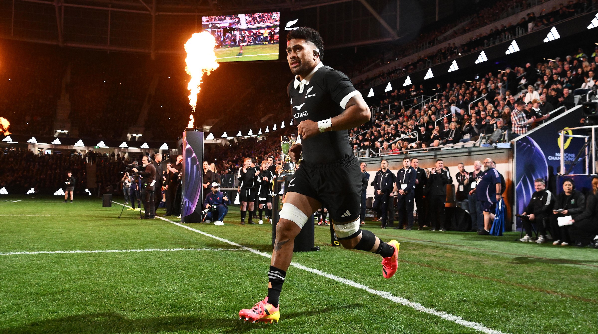 Ardie Savea runs out for the All Blacks against France in Christchurch.