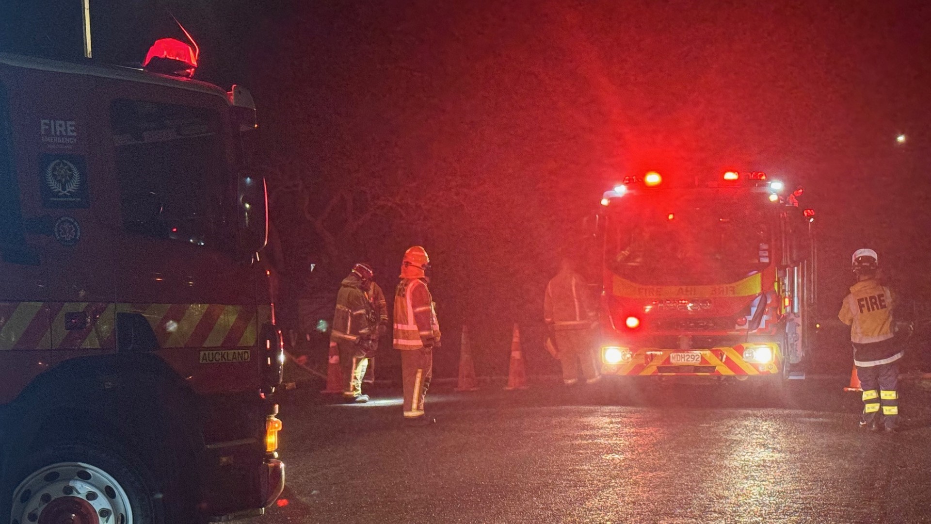 Fire crews at the scene after large amounts of an 'unknown chemical' entered drains near a water treatment plant in Tūākau, Waikato.