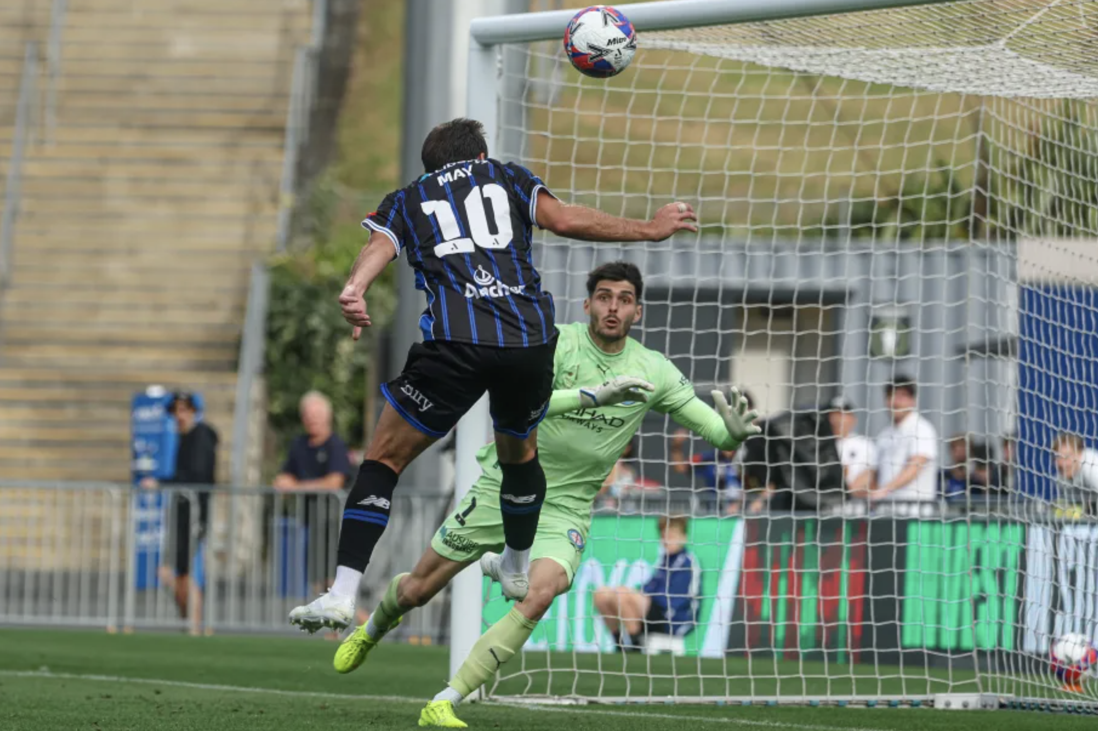 Auckland FC's Guillermo May scores against Melbourne City. Photo: 
