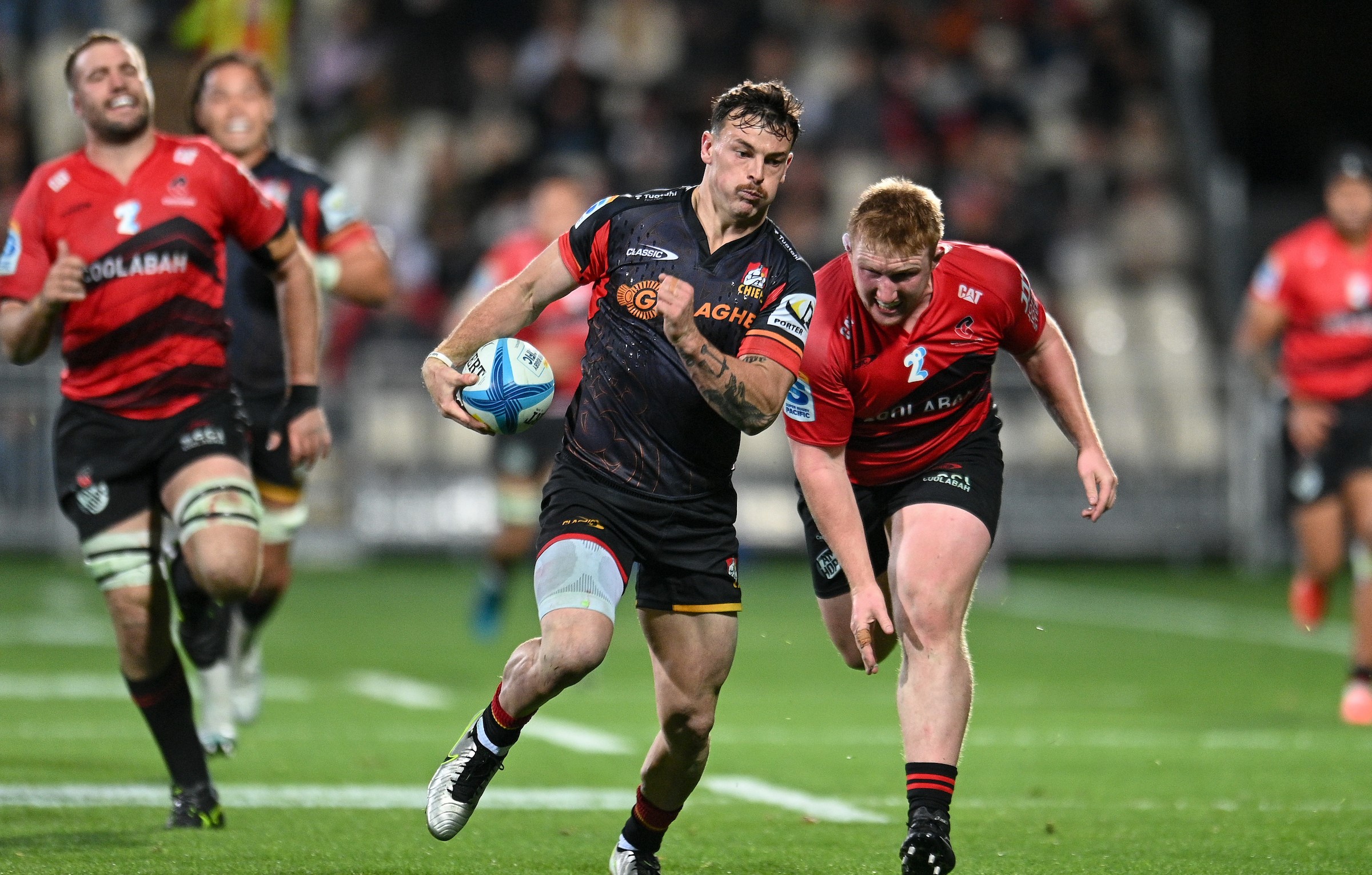 Leroy Carter breaks away for the Chiefs against the Crusaders in May this year.